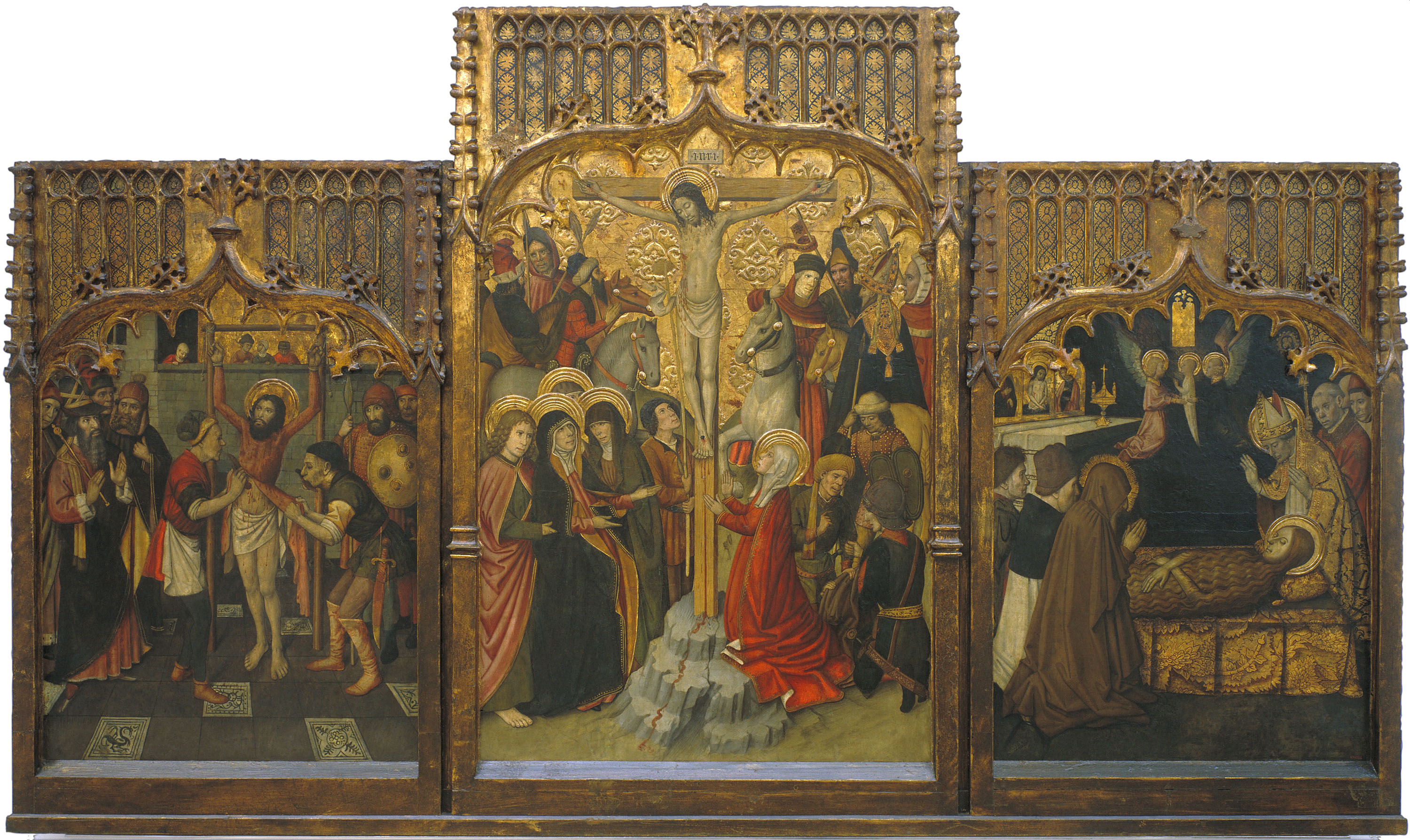 image for: Jaume Huguet - Martiri de sant Bartomeu; Calvari; Mort de Santa Maria Magdalena - 1465-1480