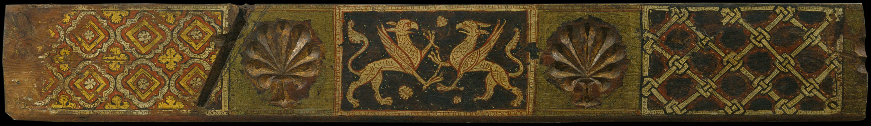 image for: Anònim. Catalunya - Fragment de biga d&#039;enteixinat amb grius enfrontats, motius vegetals i entrellaçats - Cap a 1300