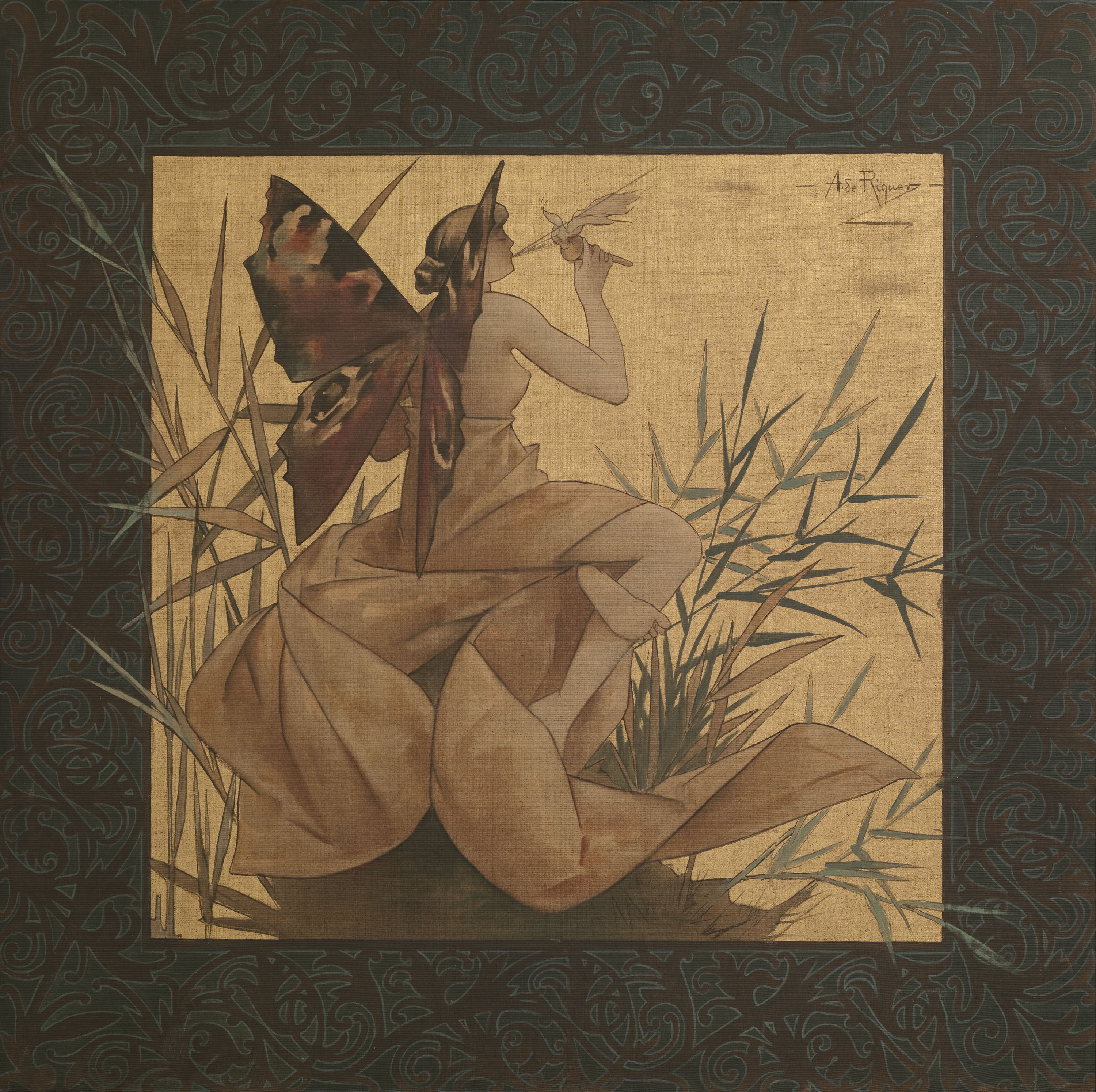 image for: Alexandre de Riquer - Composició amb nimfa alada bufant entre canyes - 1887