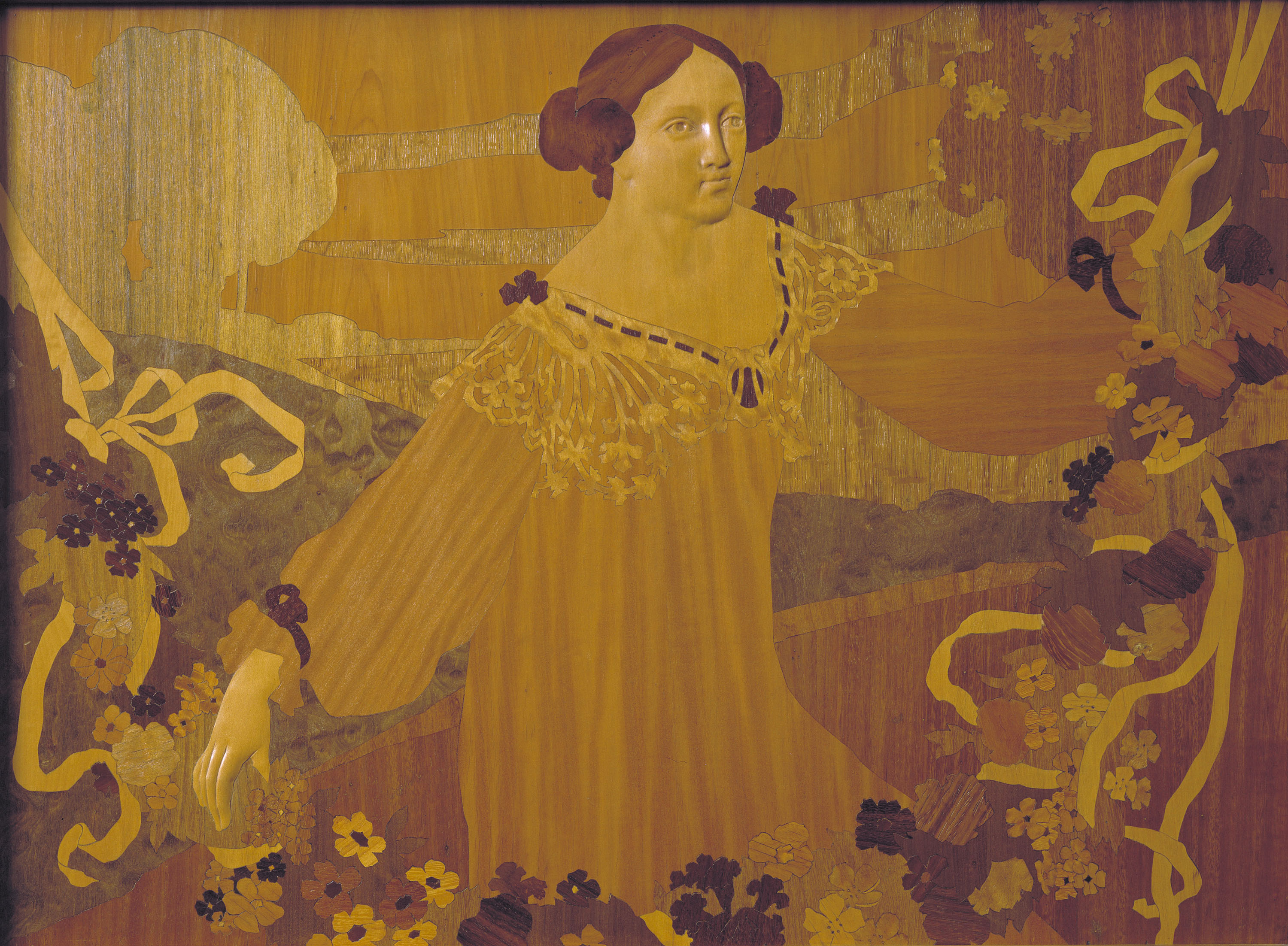 image for: Gaspar Homar - Noia amb garlanda de cintes i flors - Cap a 1905
