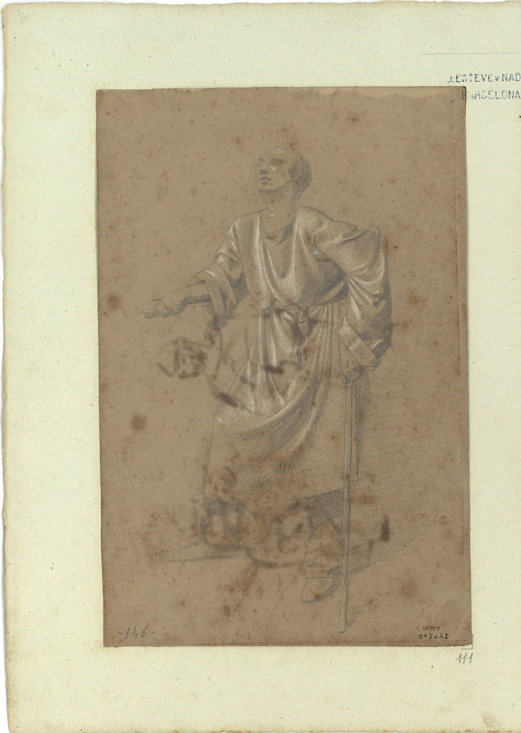 image for: Marià Fortuny - Estudi acadèmic de pidolaire (anvers) / Esbós de figures medievals (revers) - Cap a 1856-1858