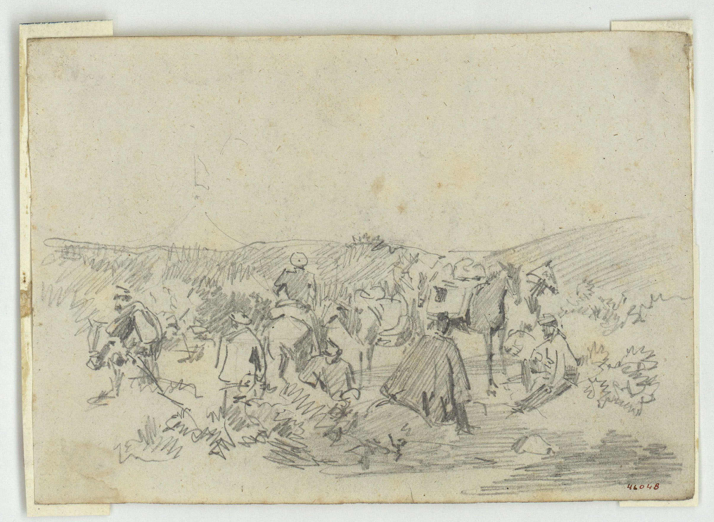 image for: Marià Fortuny - Paisatge amb soldats espanyols (anvers) / Croquis de paisatge amb soldats (revers) - Cap a 1860