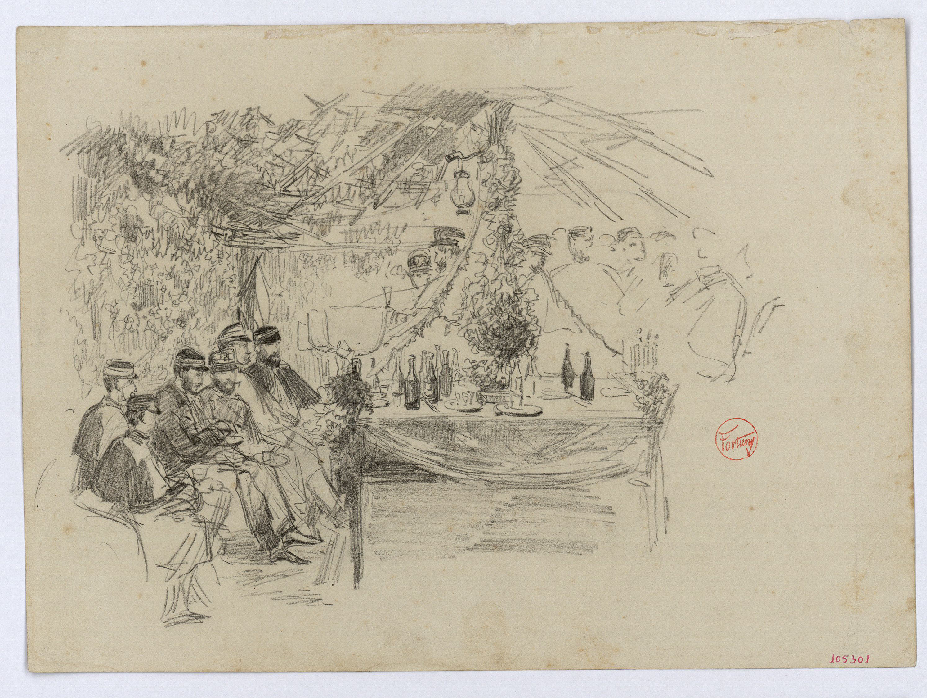 image for: Marià Fortuny - Festa militar espanyola (anvers) / Soldat espanyol, canons i cavall (revers) - Cap a 1860