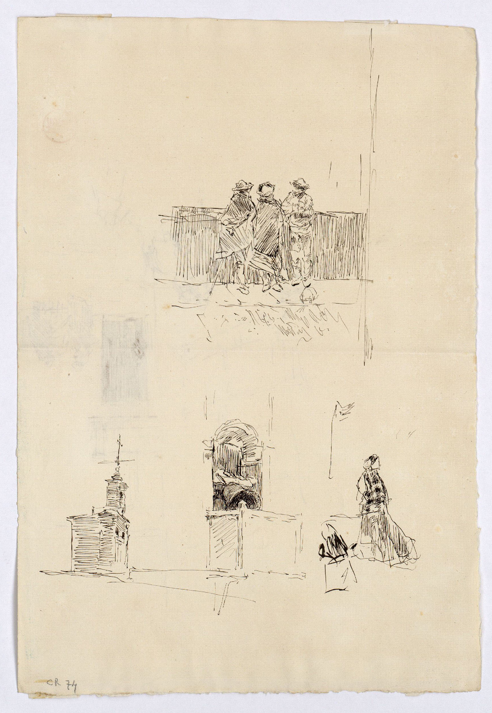 image for: Marià Fortuny - Esbós de carrer amb figures (anvers) / Figures i campanars (revers) - Cap a 1870-1872 [1]