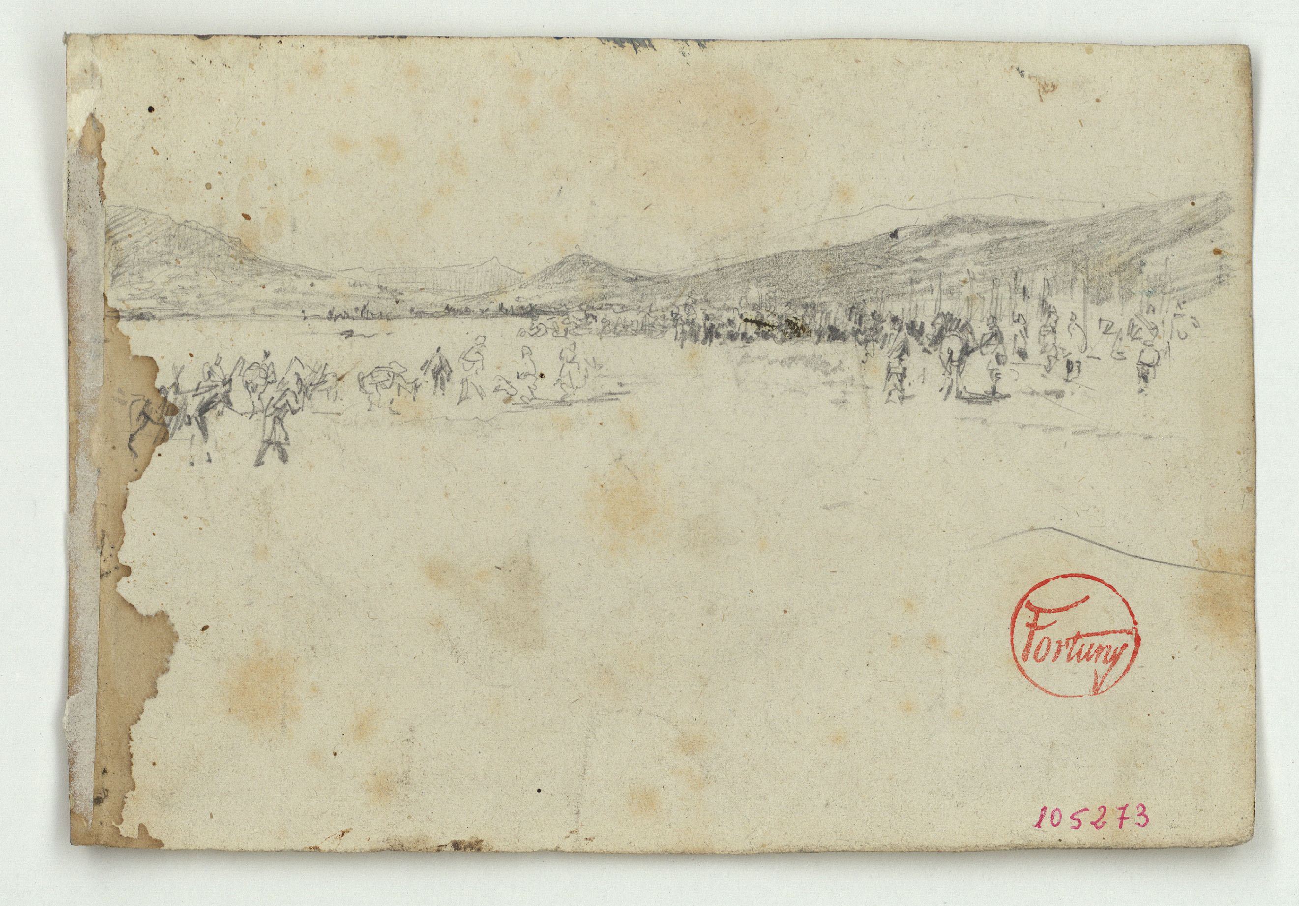image for: Marià Fortuny - Campament militar (anvers) / Dibujos en la casa del santón donde está nuestra avanzada (revers) - Cap a 1860