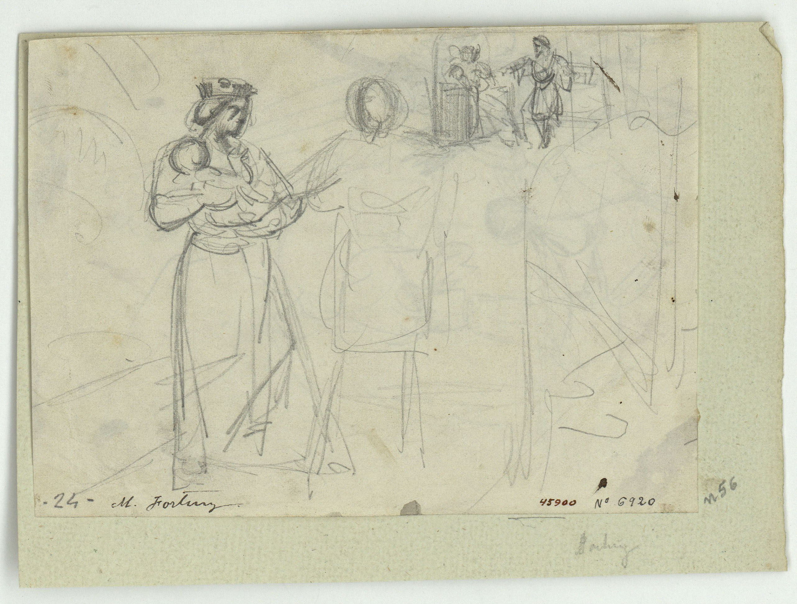 image for: Marià Fortuny - Reina amb infant als braços i altres figures (anvers) / Figura masculina amb carcaix i croquis d&#039;altres figures (revers) - Cap a 1856-1858