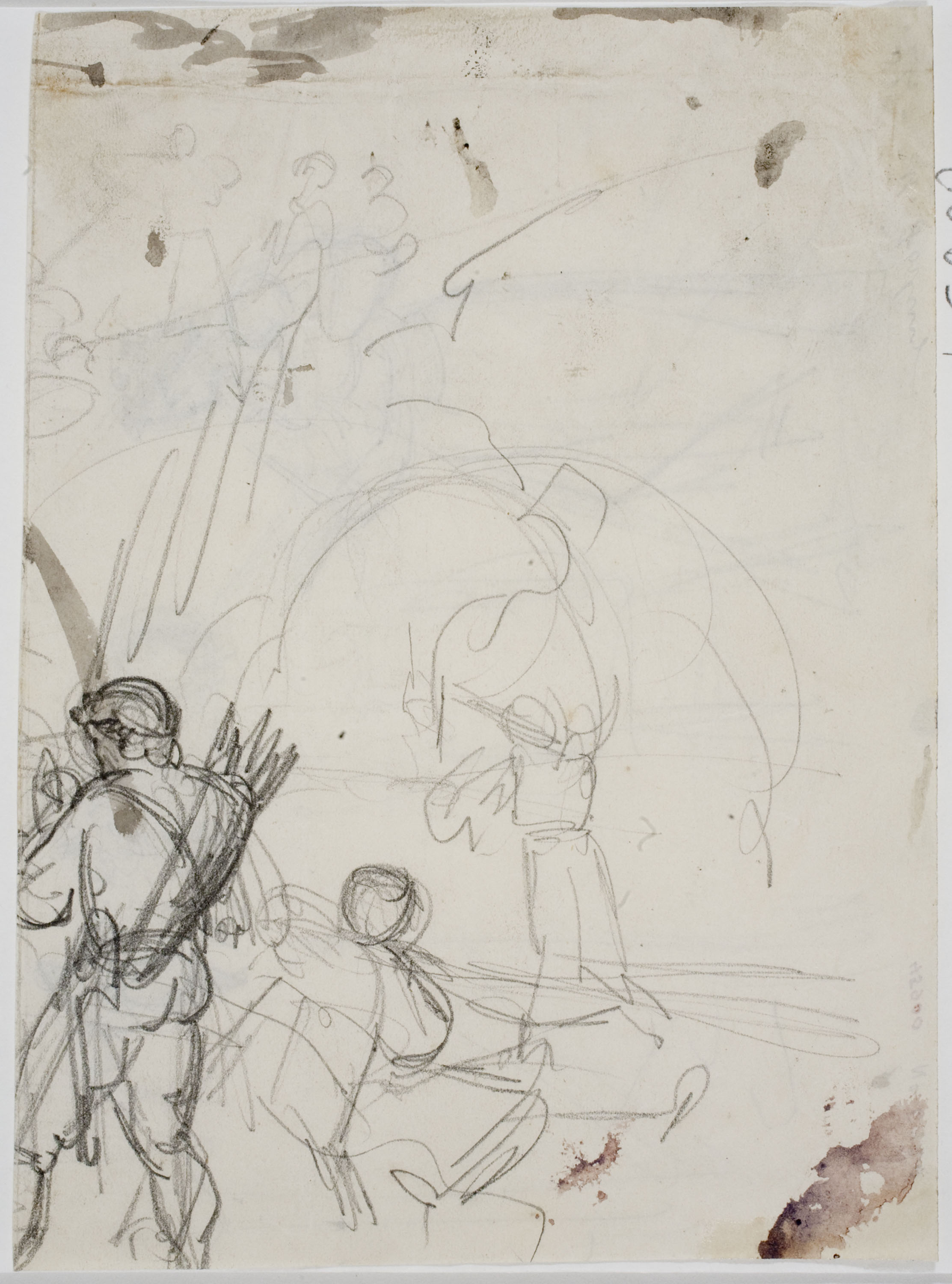 image for: Marià Fortuny - Reina amb infant als braços i altres figures (anvers) / Figura masculina amb carcaix i croquis d&#039;altres figures (revers) - Cap a 1856-1858 [1]