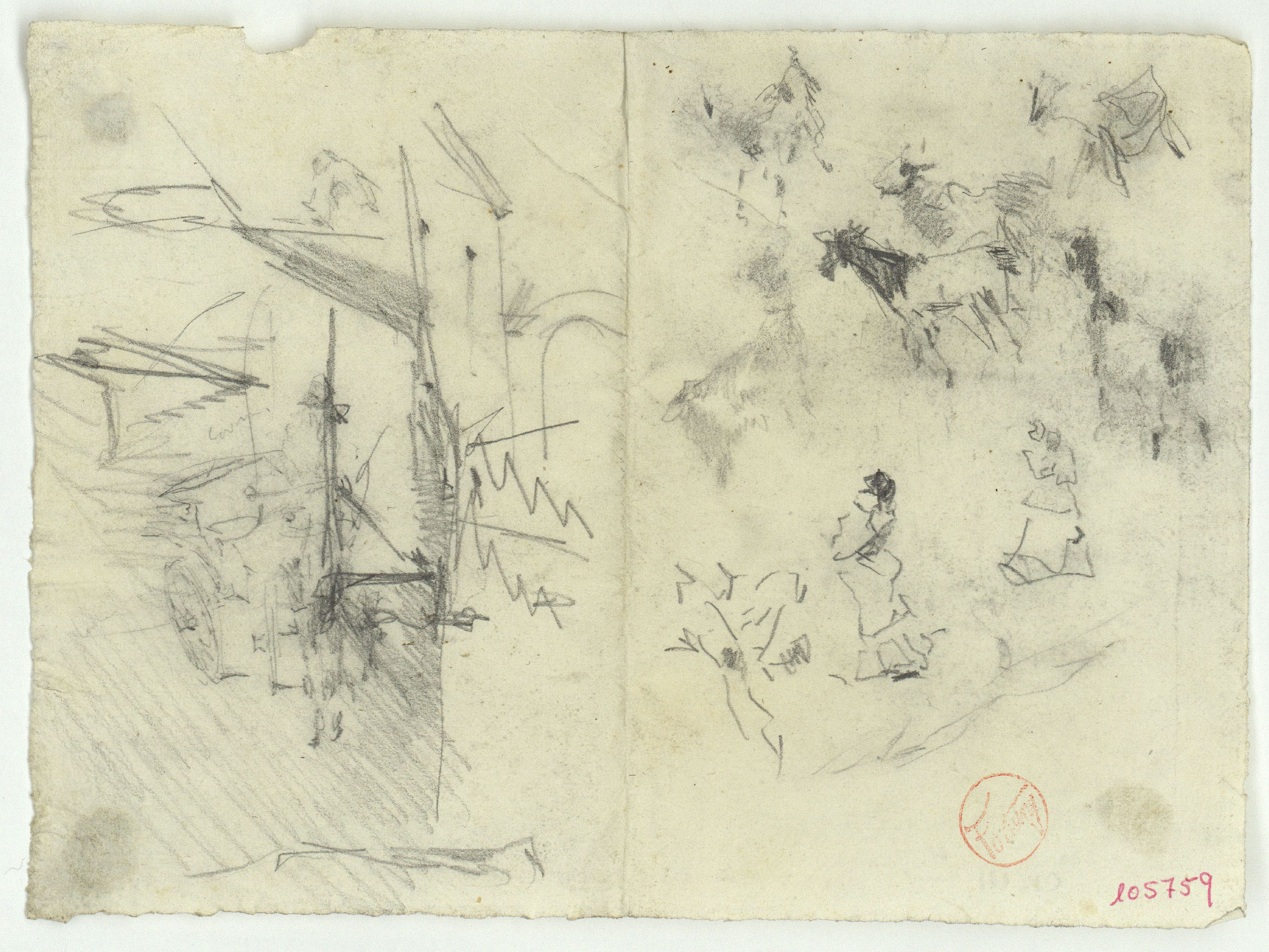 image for: Marià Fortuny - Croquis de carrer amb un carro, figures femenines i animals - Cap a 1874
