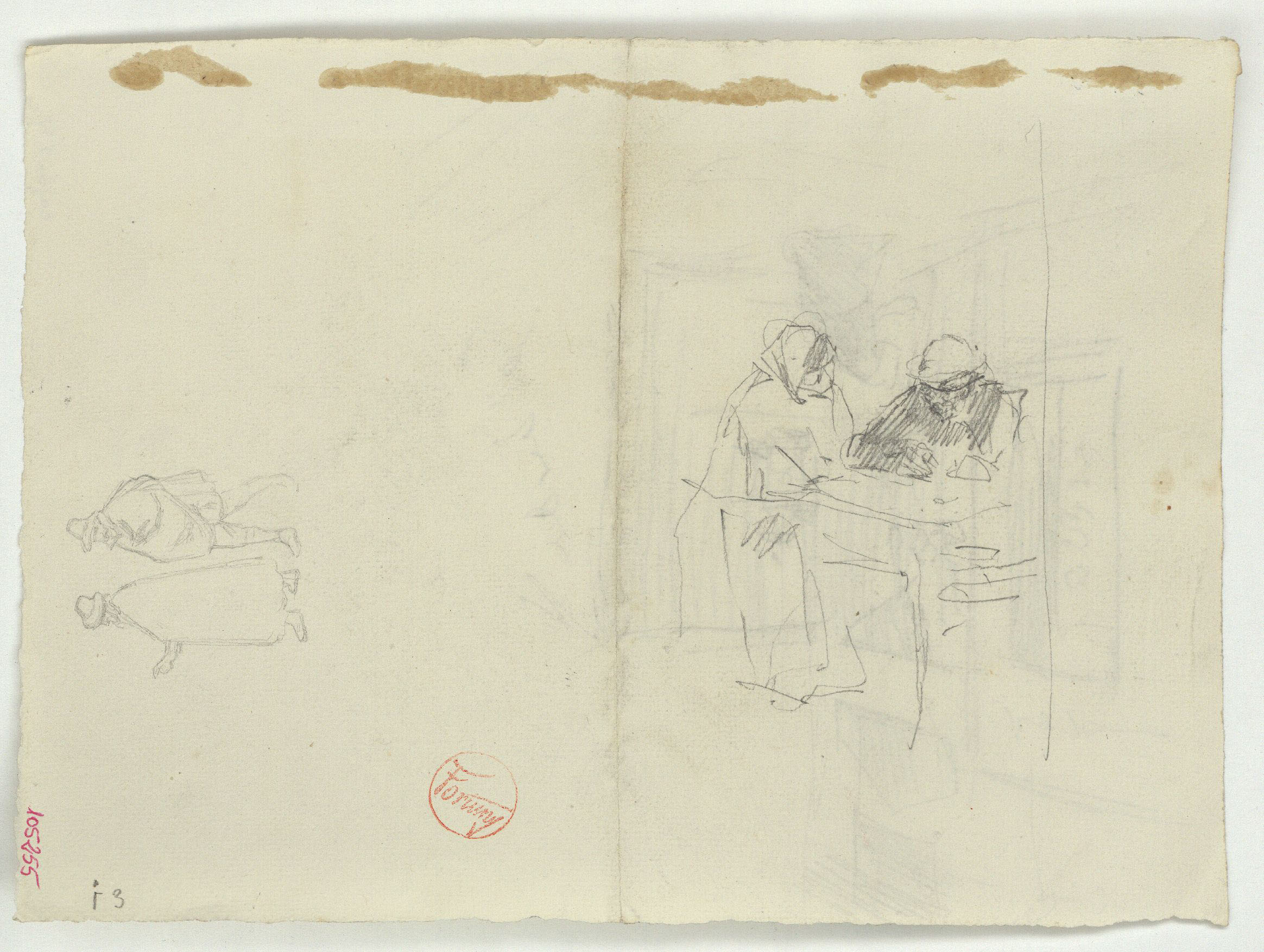 image for: Marià Fortuny - Esbós de figures i parella davant d&#039;una taula (anvers) / Esbós d&#039;interior d&#039;església amb figura (revers) - Cap a 1867-1872