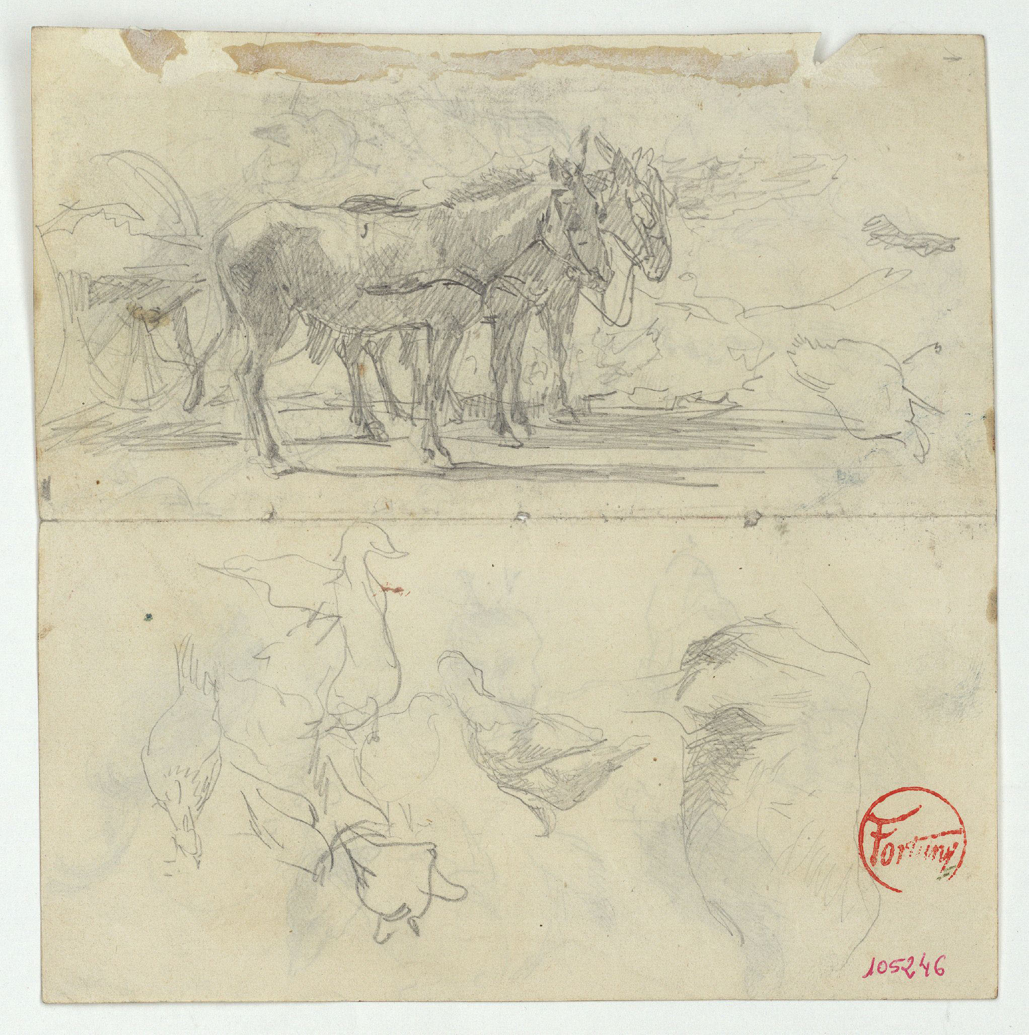 image for: Marià Fortuny - Rucs junyits a un carro i croquis de gallines (anvers) / Gallines i figura femenina (revers) - Cap a 1867-1872