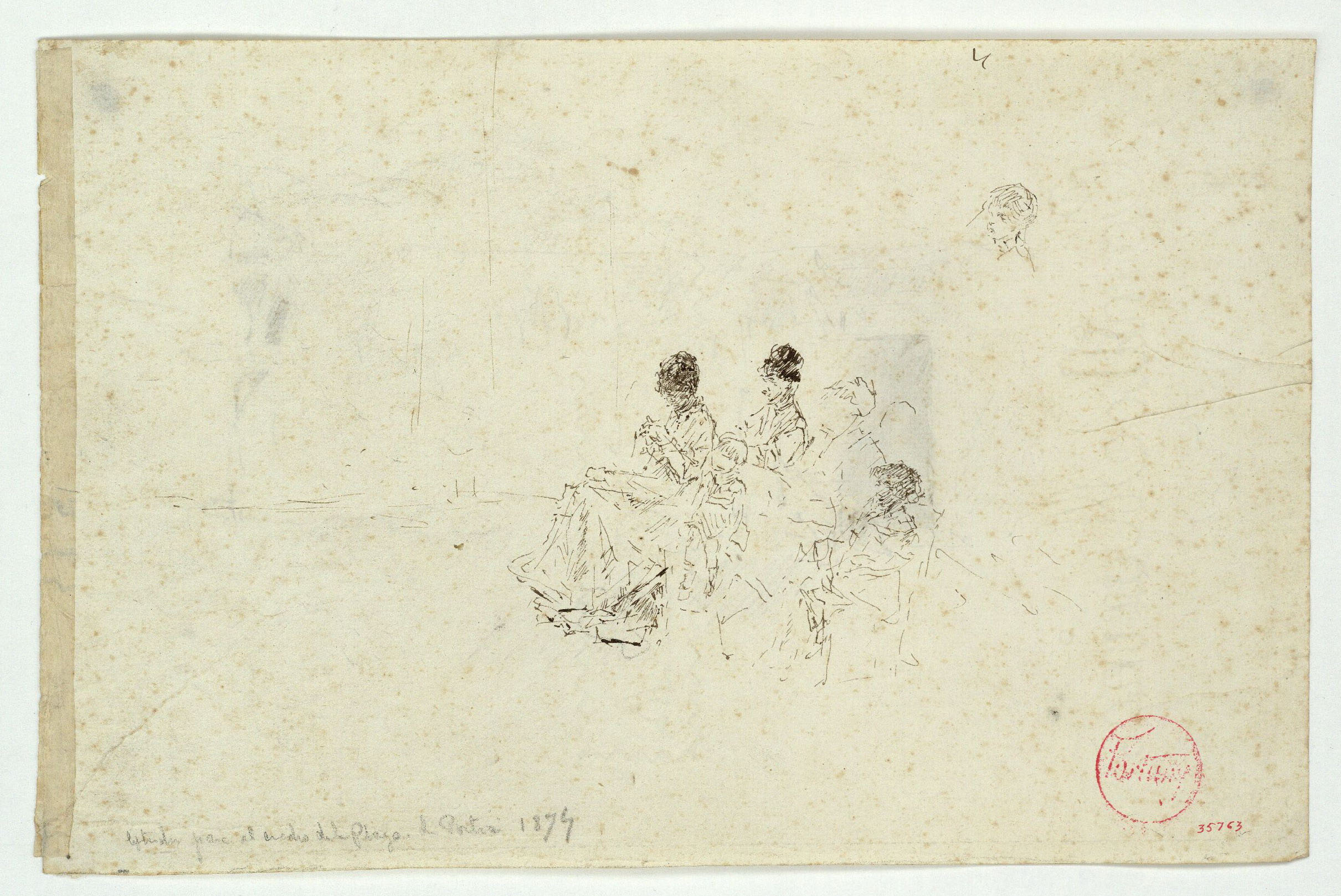 image for: Marià Fortuny - Estudi per al quadre «Platja de Portici» (anvers) / Croquis inconcret (revers) - Cap a 1874