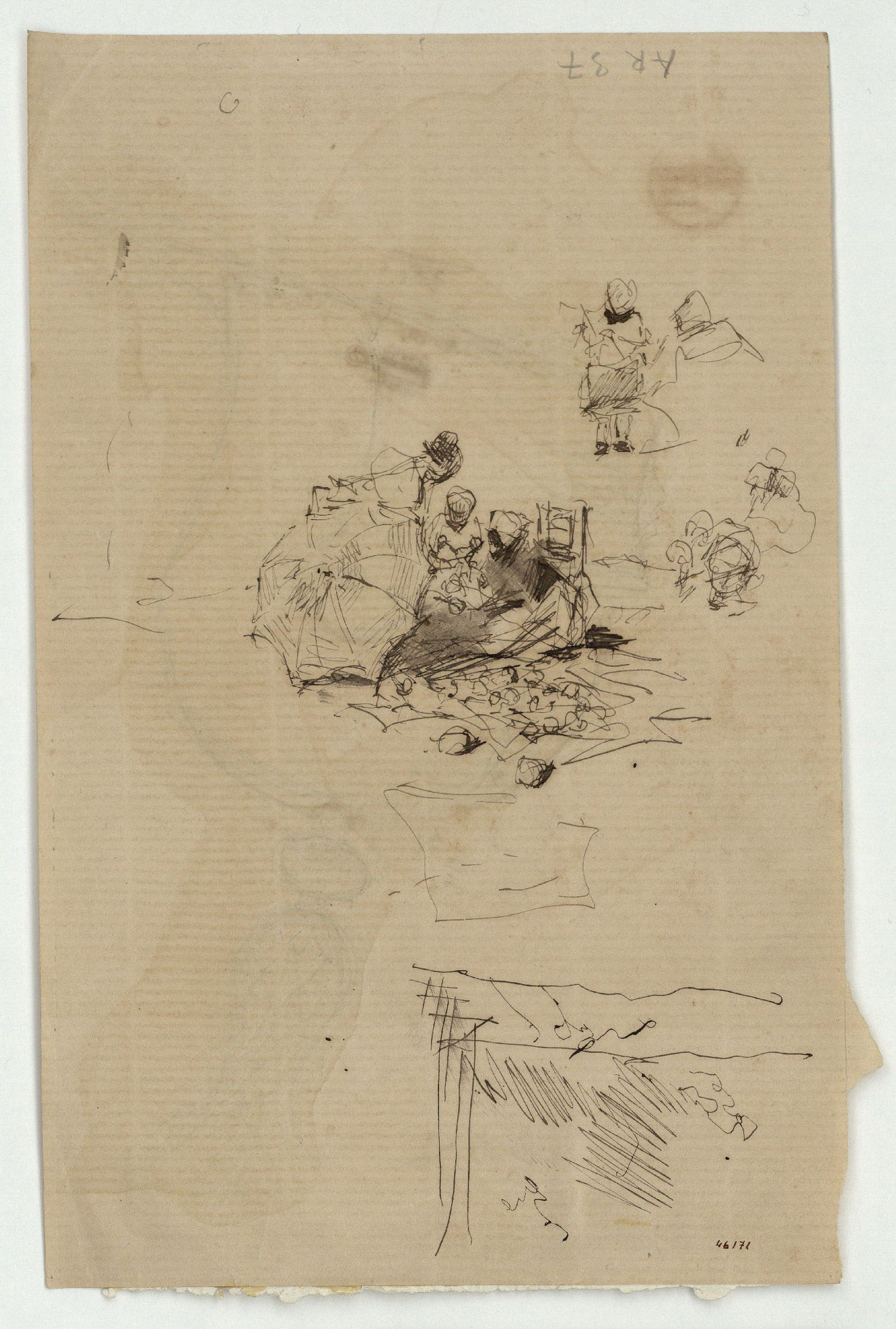 image for: Marià Fortuny - Estudi per al quadre «Platja de Portici» (anvers) / Casc (revers) - Cap a 1874