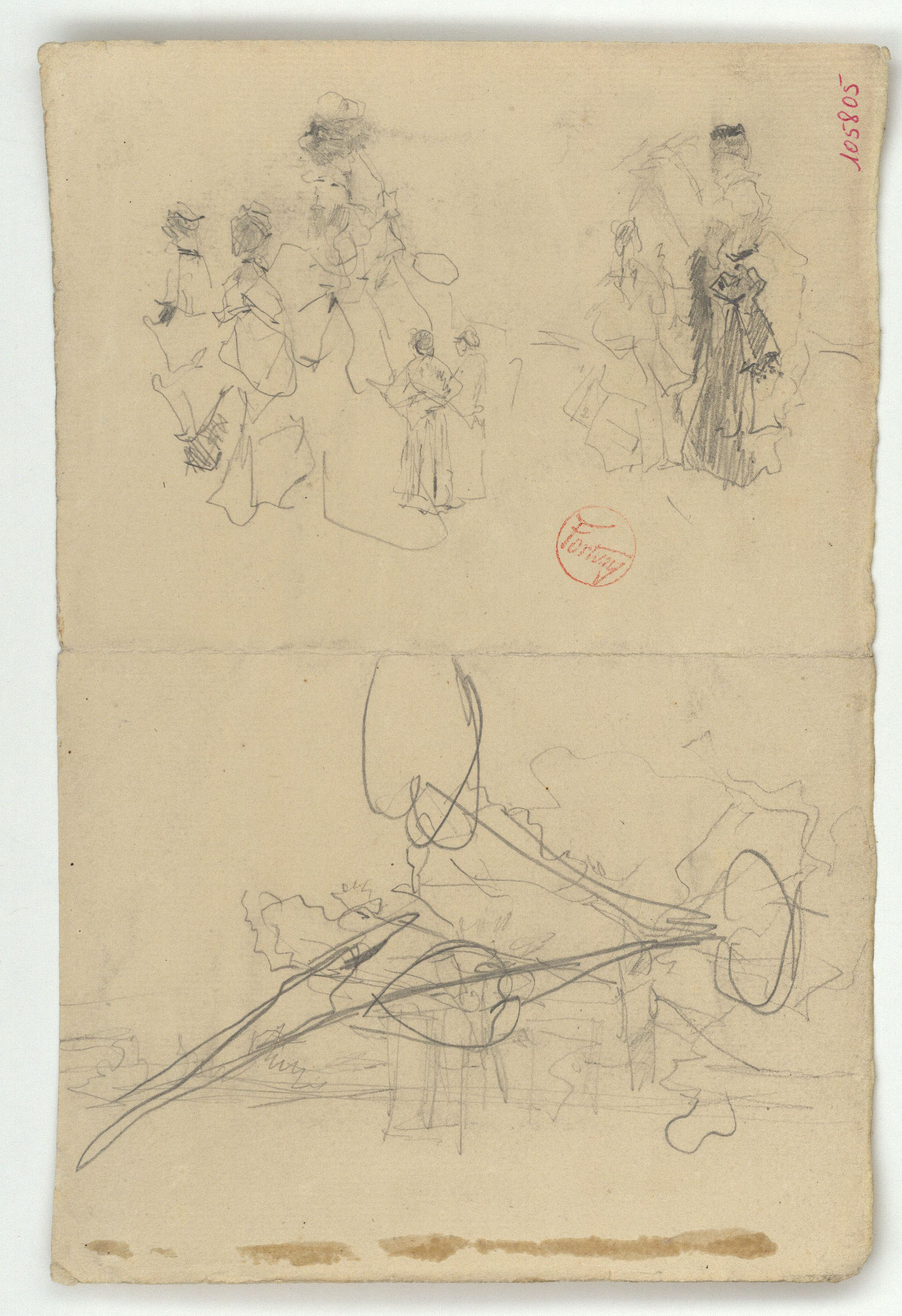 image for: Marià Fortuny - Esbós de figures femenines i croquis inconcret (anvers) / Croquis arquitectònic (revers) - Cap a 1870-1874