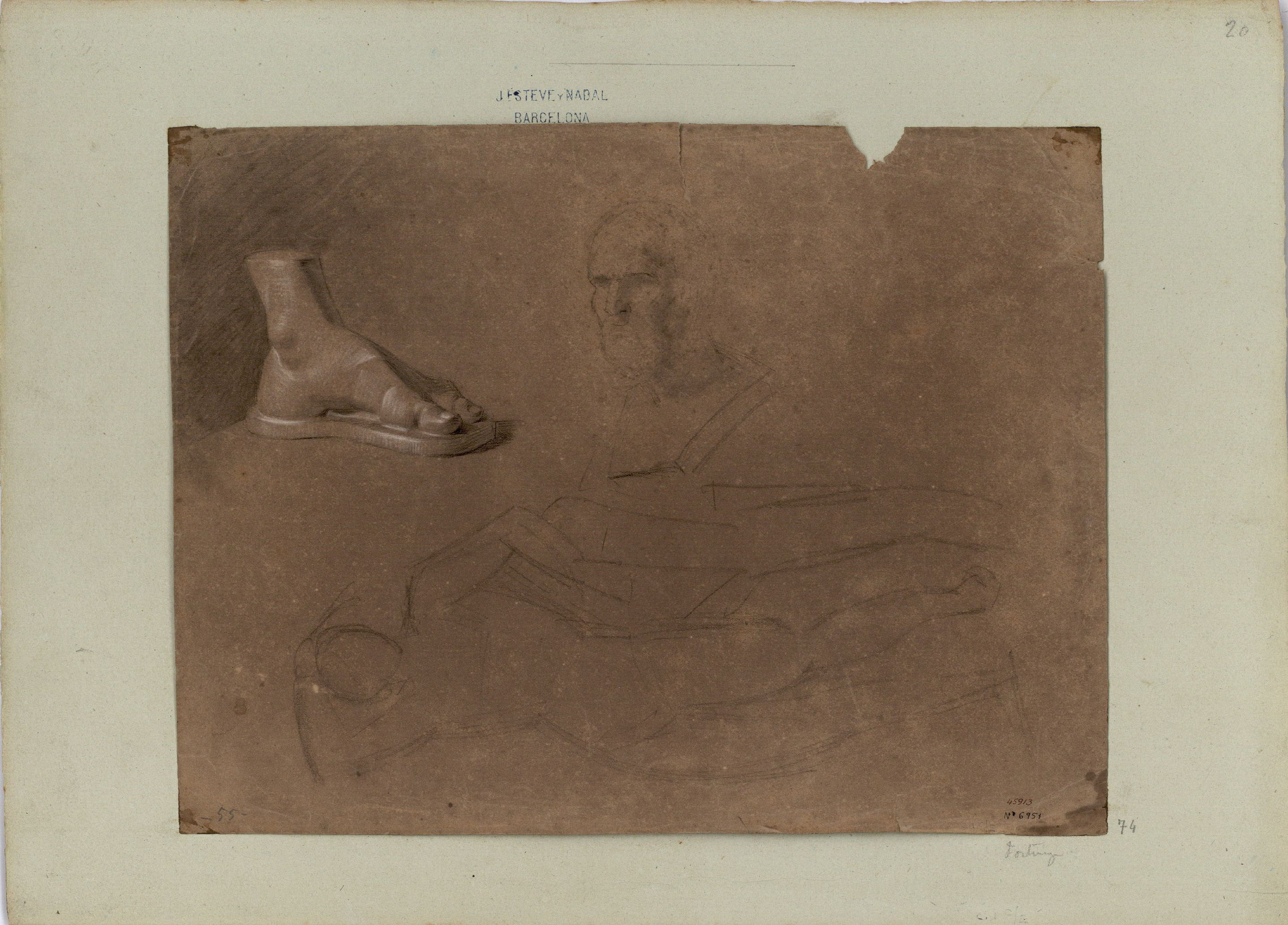 image for: Marià Fortuny - Estudi acadèmic de peu, cap i esbós de figura - Cap a 1856-1858