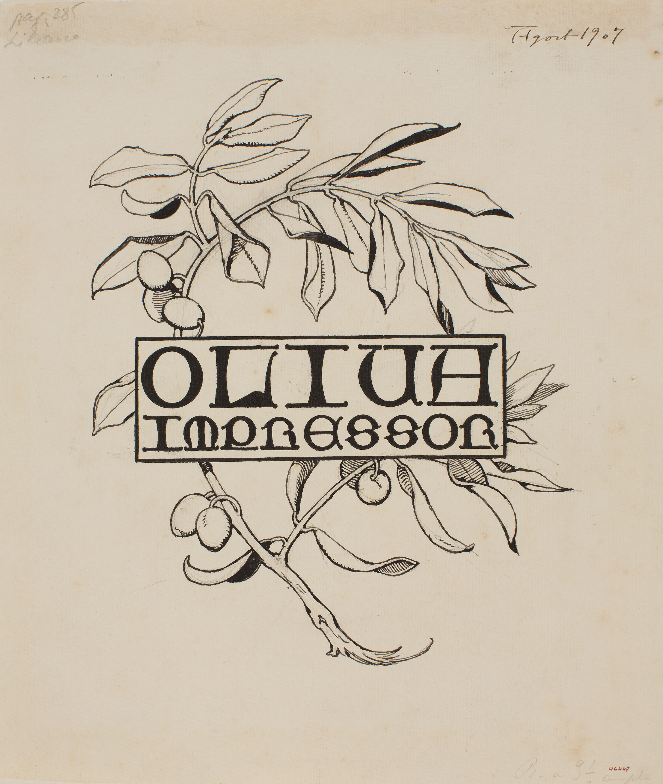 image for: Apel·les Mestres - Composició del nom «Oliva impressor» i branca d&#039;olivera. Il·lustració per al poema «Liliana» d&#039;Apel·les Mestres - 1907