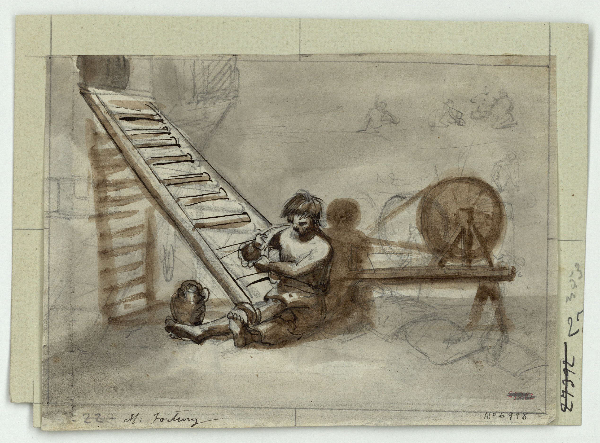 image for: Marià Fortuny - Presoner a la presó (anvers) / Fragment d&#039;escena i altres croquis (revers) - Cap a 1856-1858