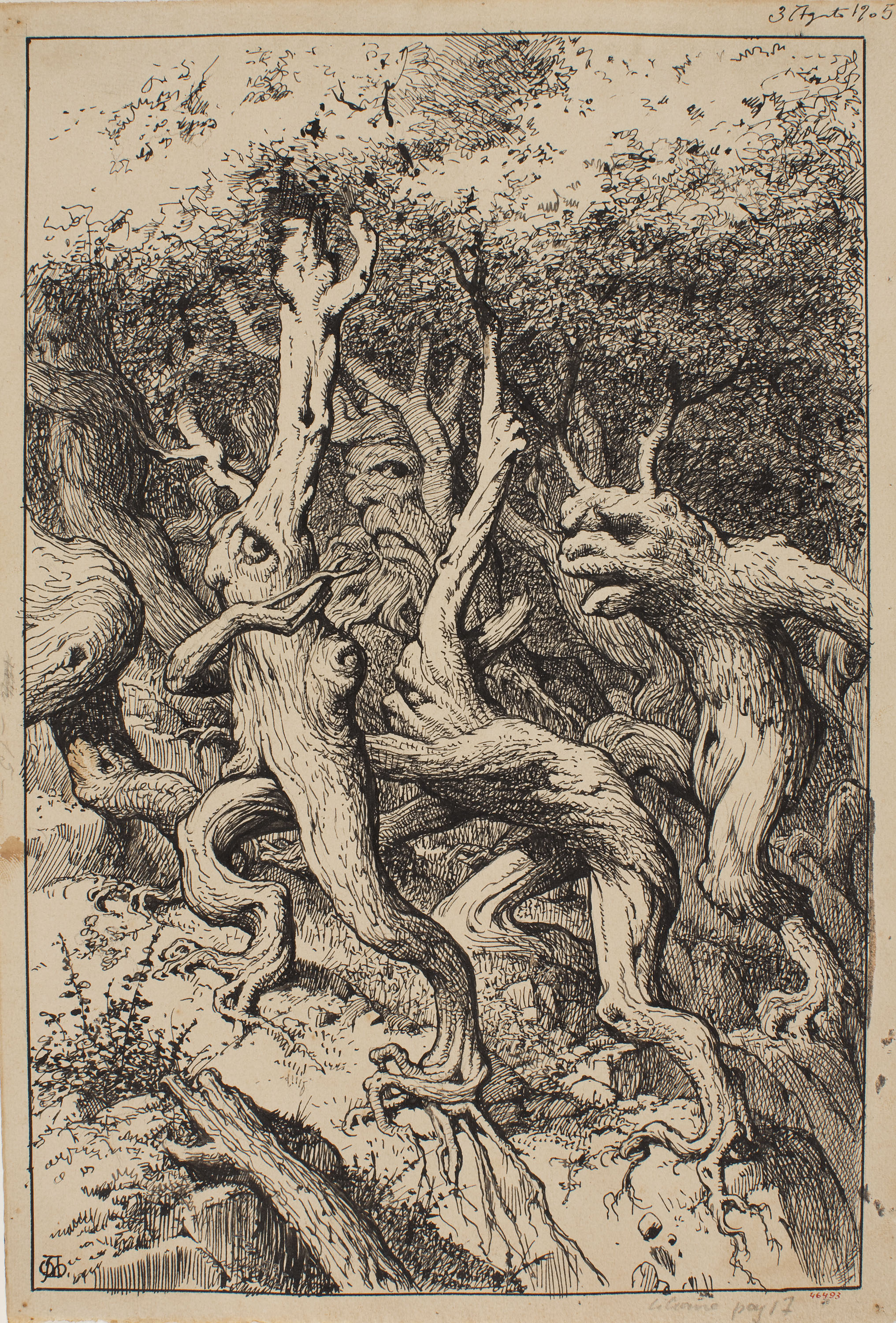 image for: Apel·les Mestres - Els arbres fugint de l&#039;home, destructor dels boscos. Il·lustració per al poema «Liliana» d&#039;Apel·les Mestres - 1905