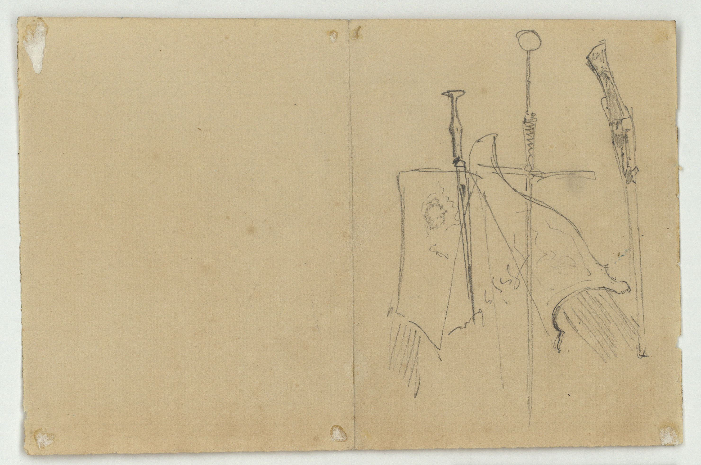 image for: Marià Fortuny - Espases i peces d&#039;armadura (anvers) / Espingarda, espasa, punyal i altres objectes (revers) - Cap a 1860-1862 [1]