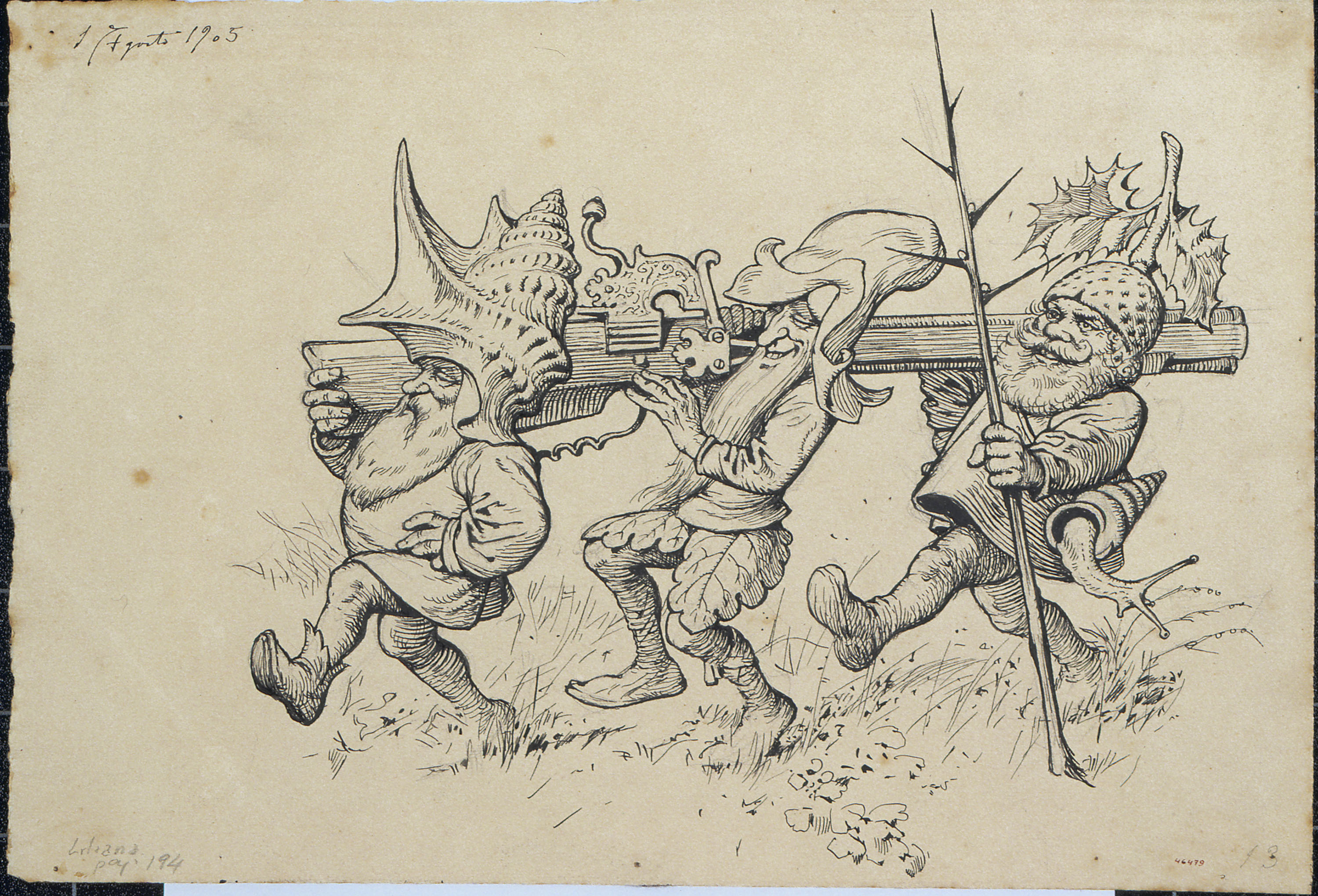 image for: Apel·les Mestres - Flok, Mik i Puk carregats amb una escopeta. Il·lustració per al poema «Liliana» d&#039;Apel·les Mestres - 1905