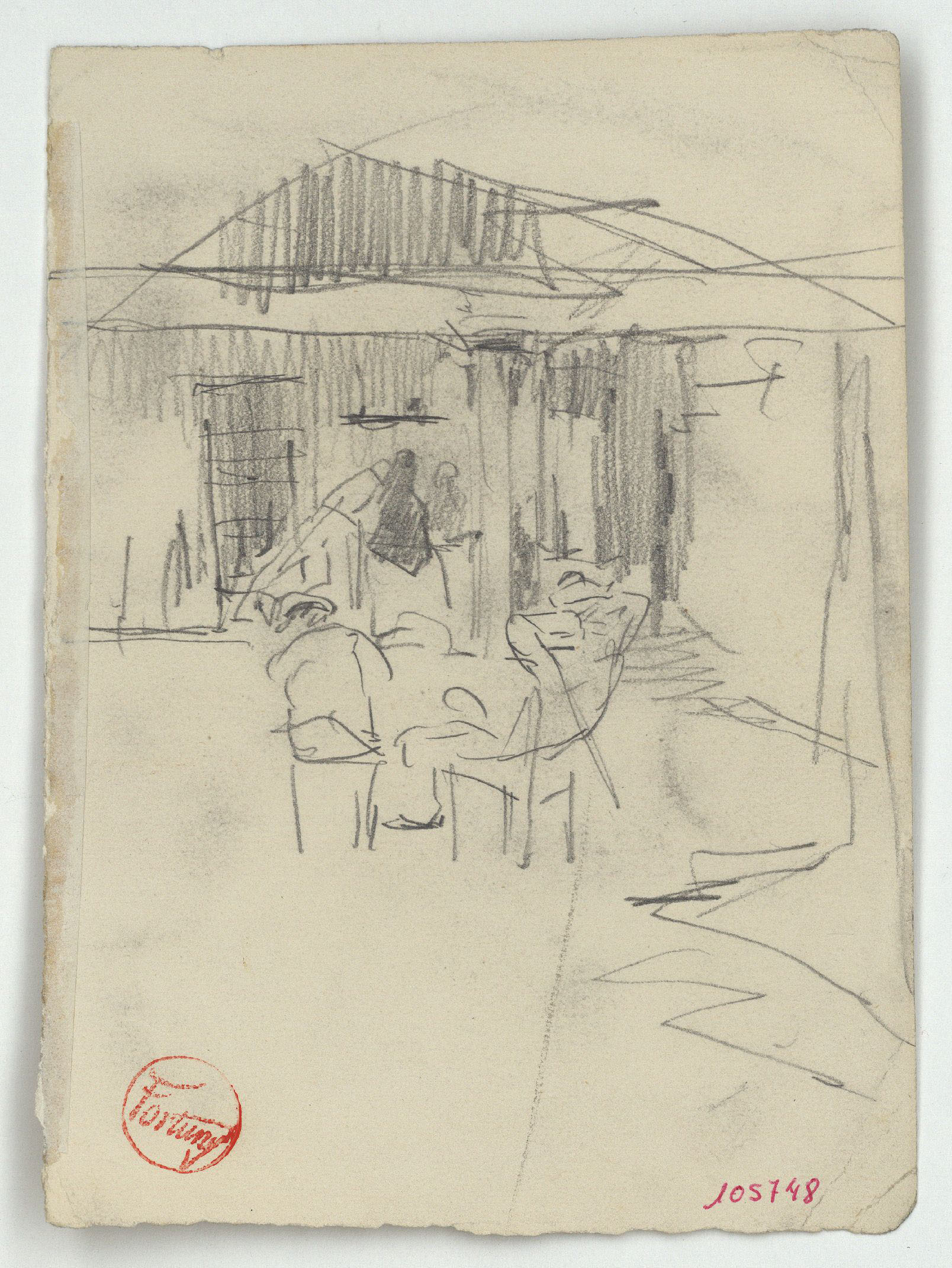 image for: Marià Fortuny - Plaça porxada amb figures (anvers) / Croquis de detalls arquitectònics (revers) - Cap a 1863-1866