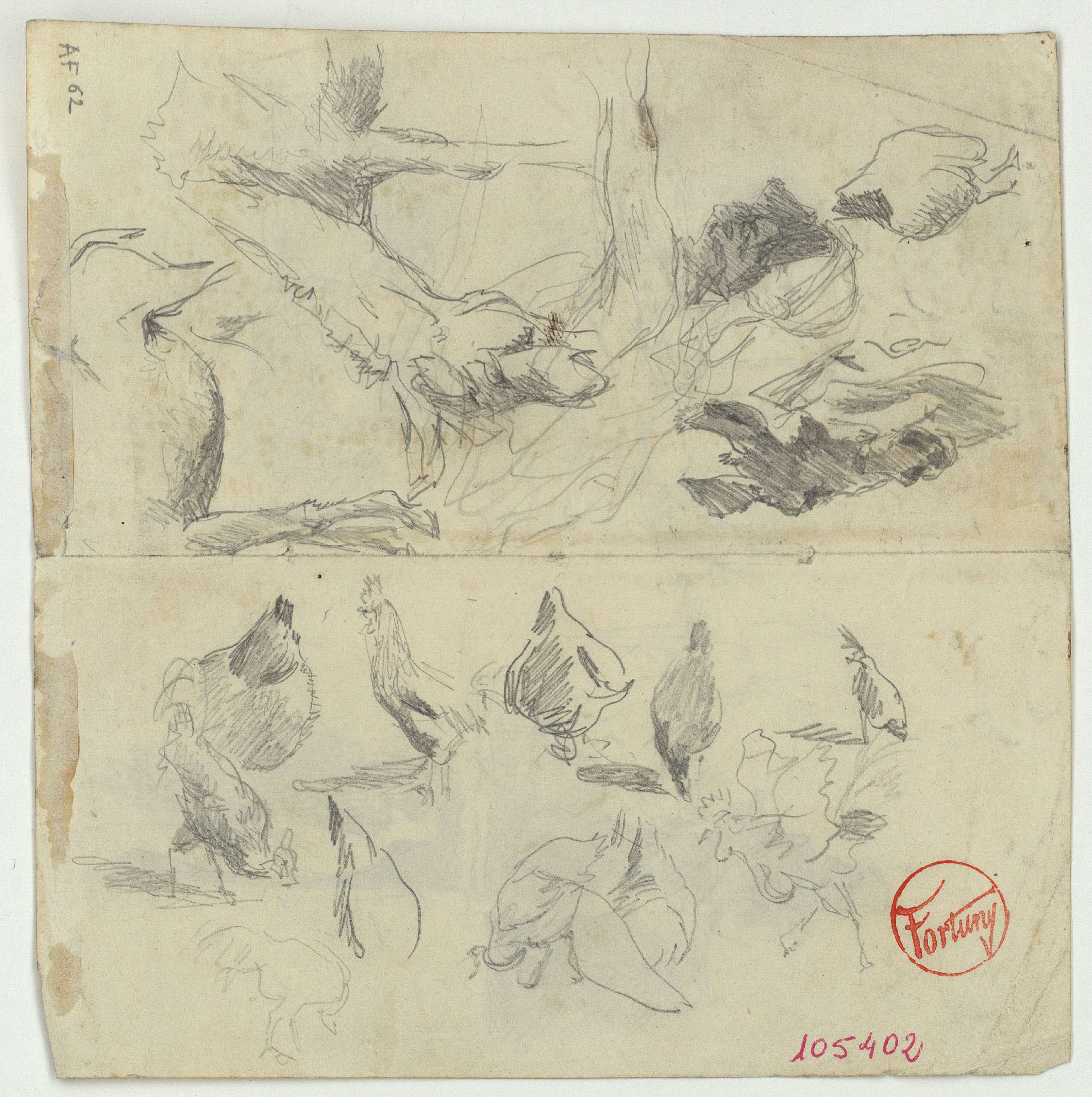 image for: Marià Fortuny - Estudi per al quadre «El corral» [?] (anvers) / Croquis de figures (revers) - Cap a 1869