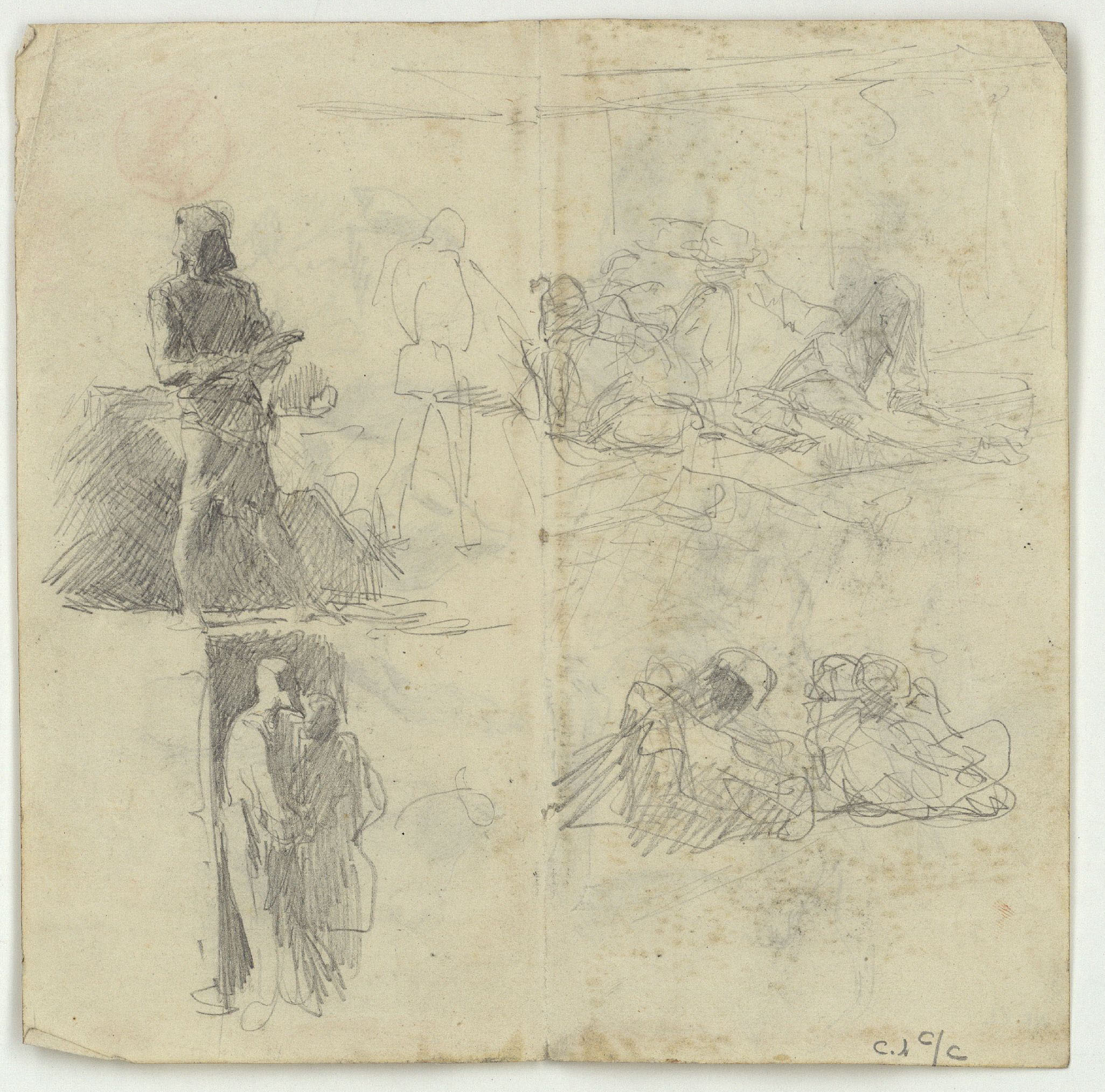 image for: Marià Fortuny - Estudi per al quadre «El corral» [?] (anvers) / Croquis de figures (revers) - Cap a 1869 [1]