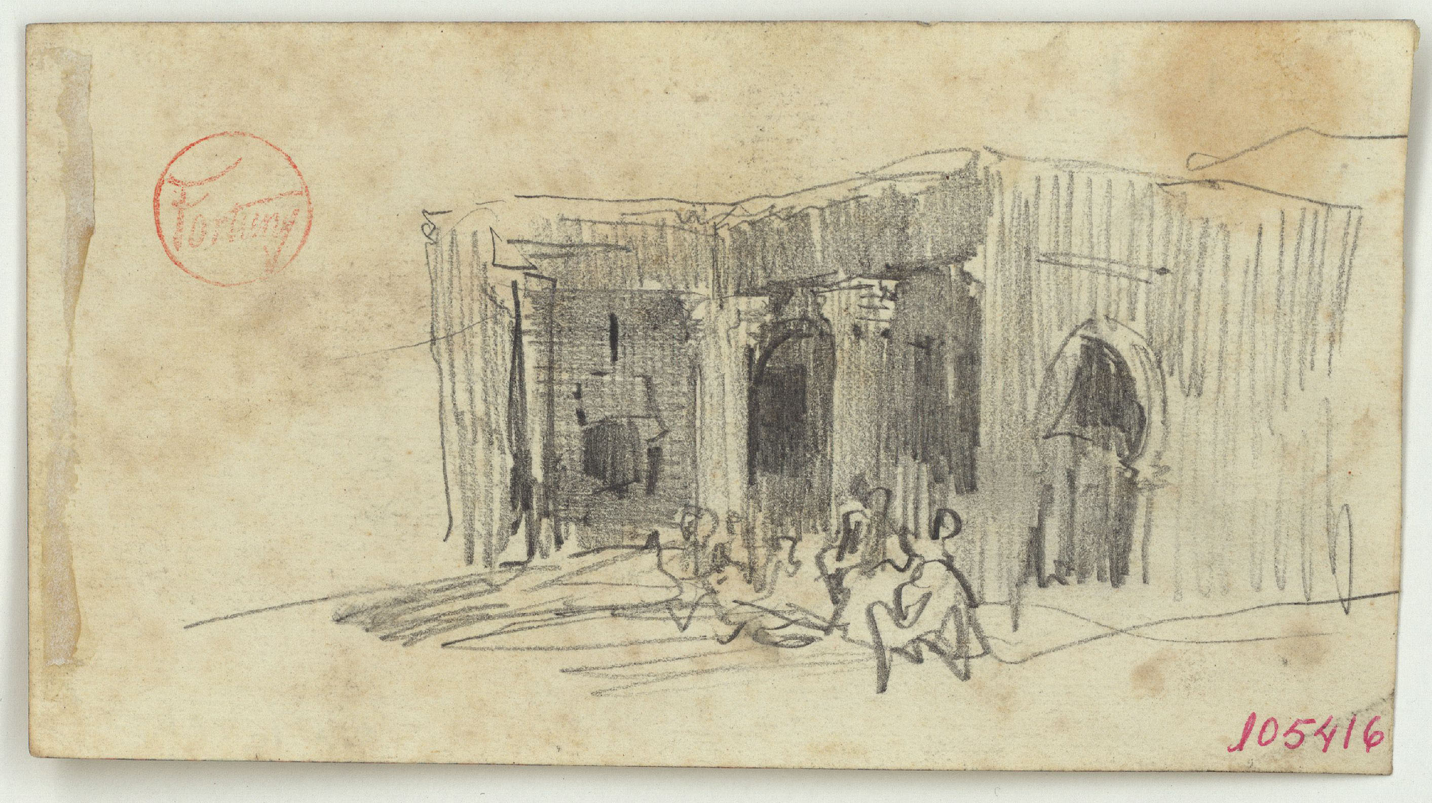 image for: Marià Fortuny - Edifici marroquí amb figures (anvers) / Marroquins, detall d&#039;un edifici d&#039;estil musulmà i rucs (revers) - Cap a 1860-1862