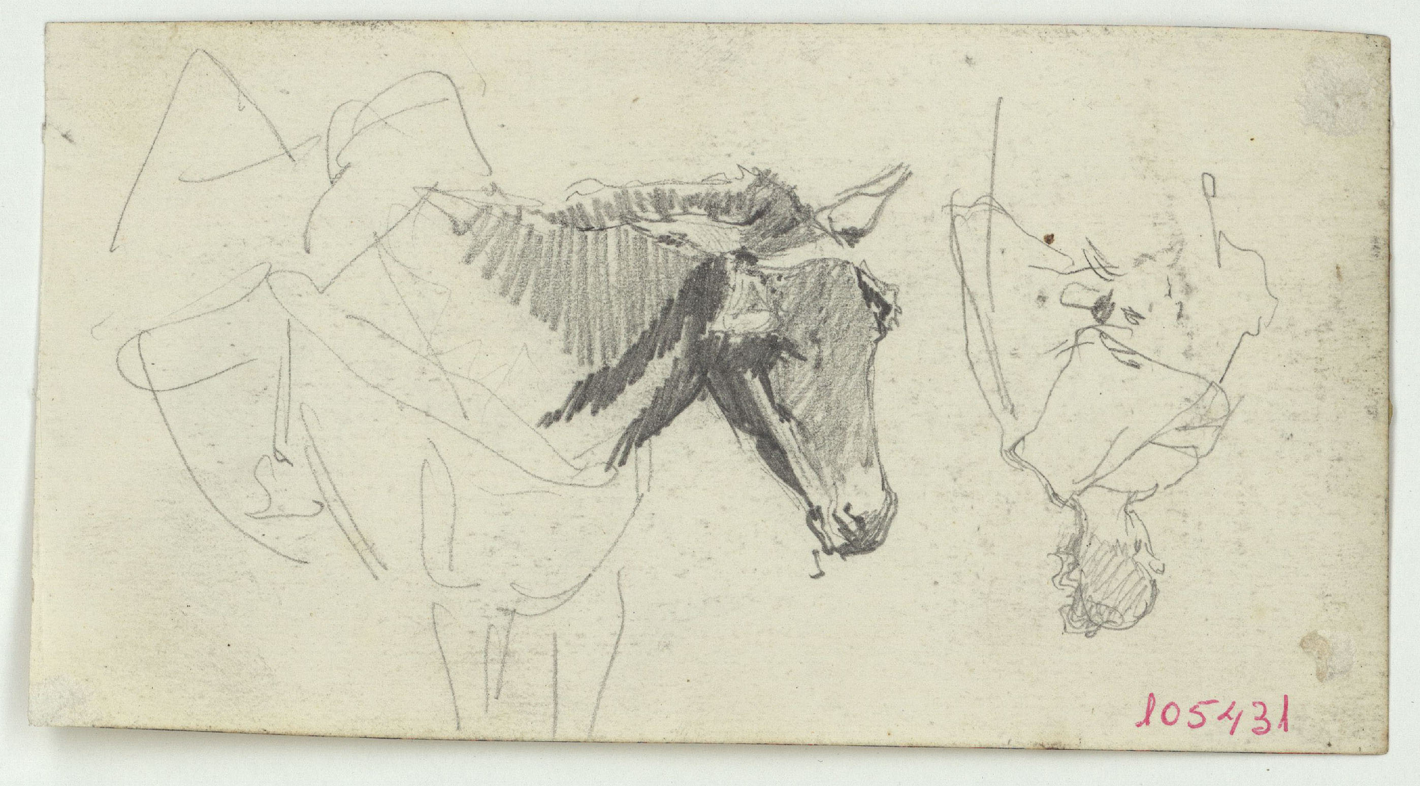image for: Marià Fortuny - Croquis de figures i cavall (anvers) / Croquis d&#039;un ase i marroquí (revers) - Cap a 1860-1862