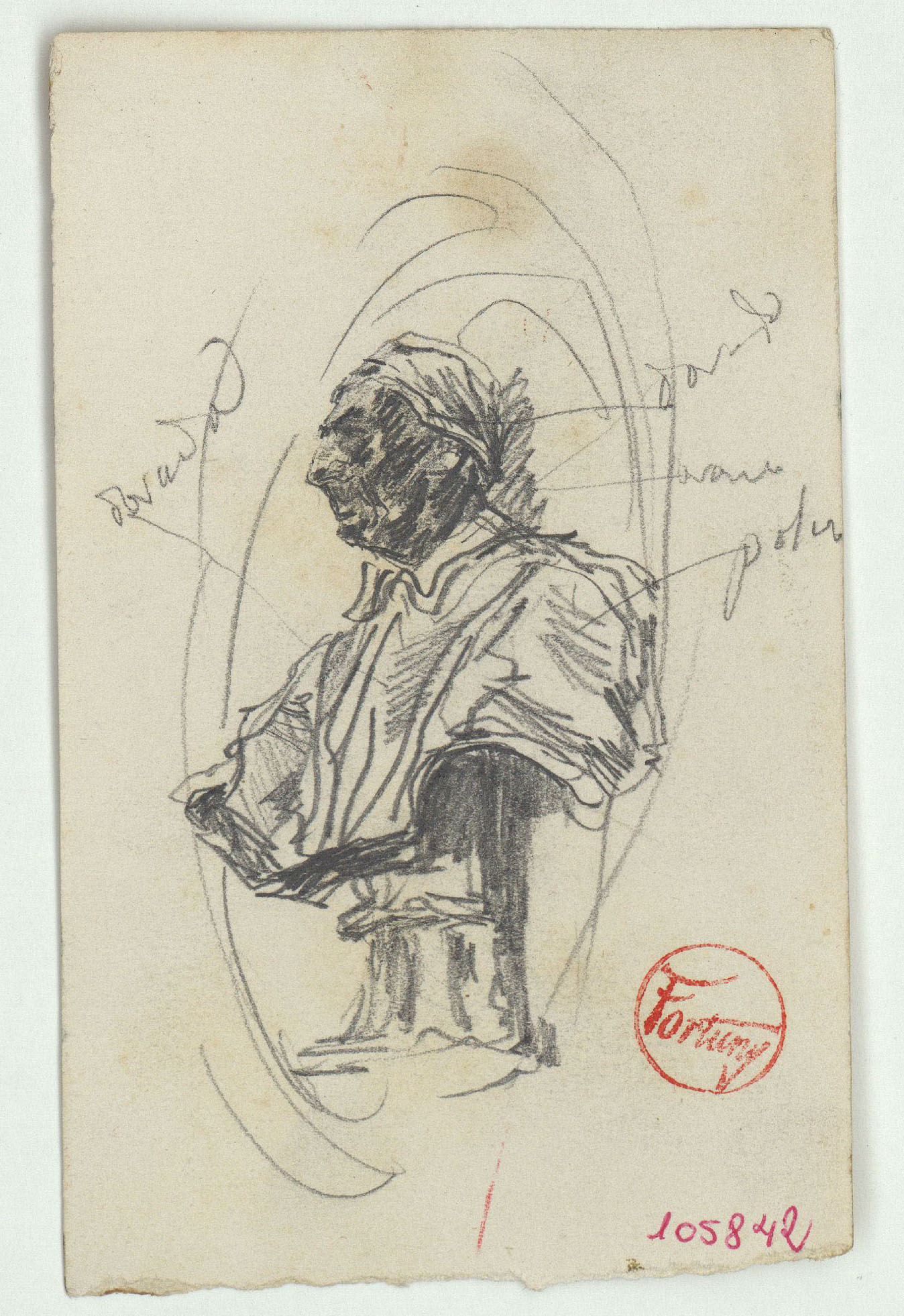 image for: Marià Fortuny - Bust escultòric d&#039;un papa (anvers) / Croquis de figures (revers) - Cap a 1863-1867