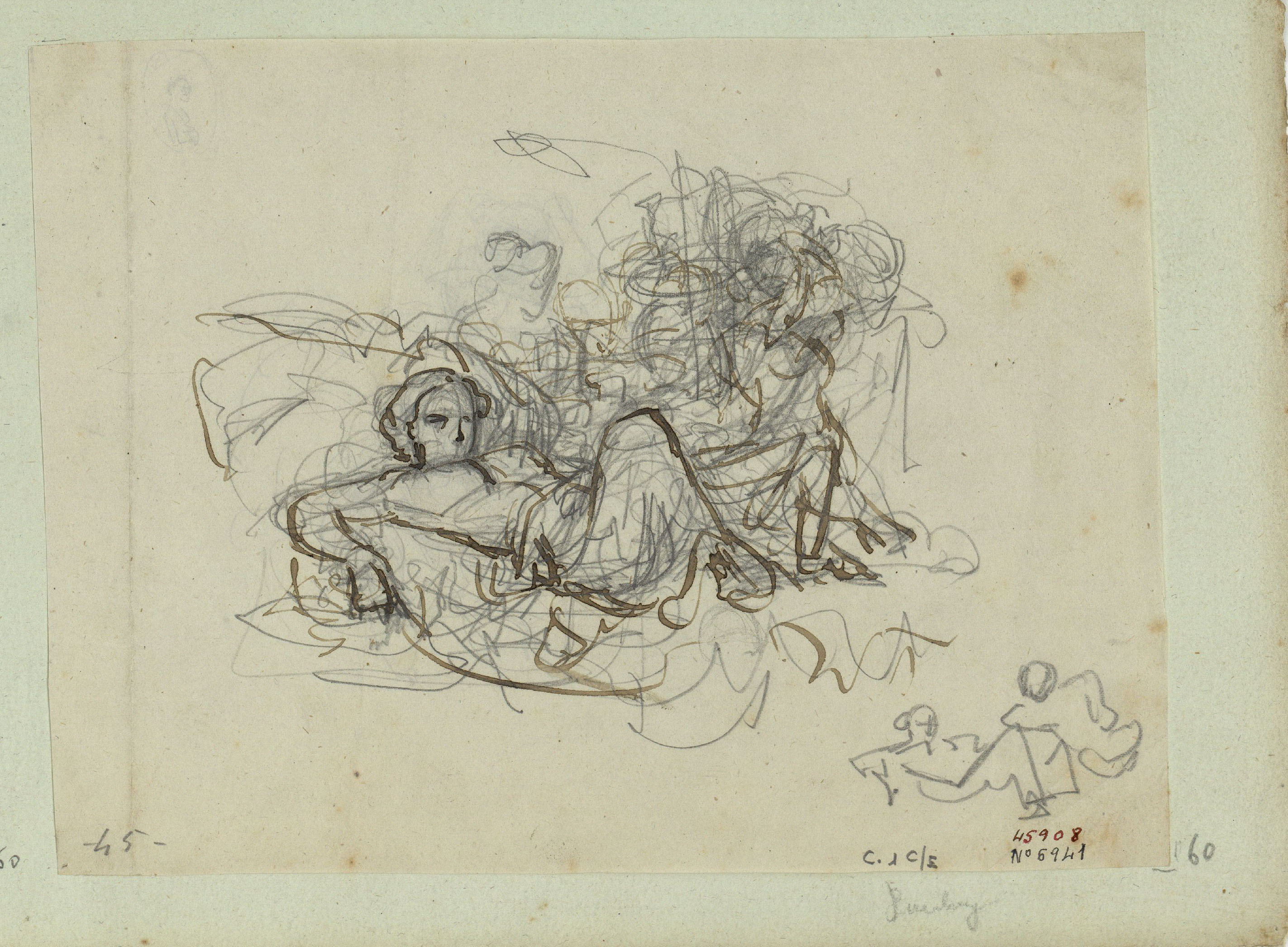 image for: Marià Fortuny - Croquis de figura femenina ajaguda - Cap a 1856-1858