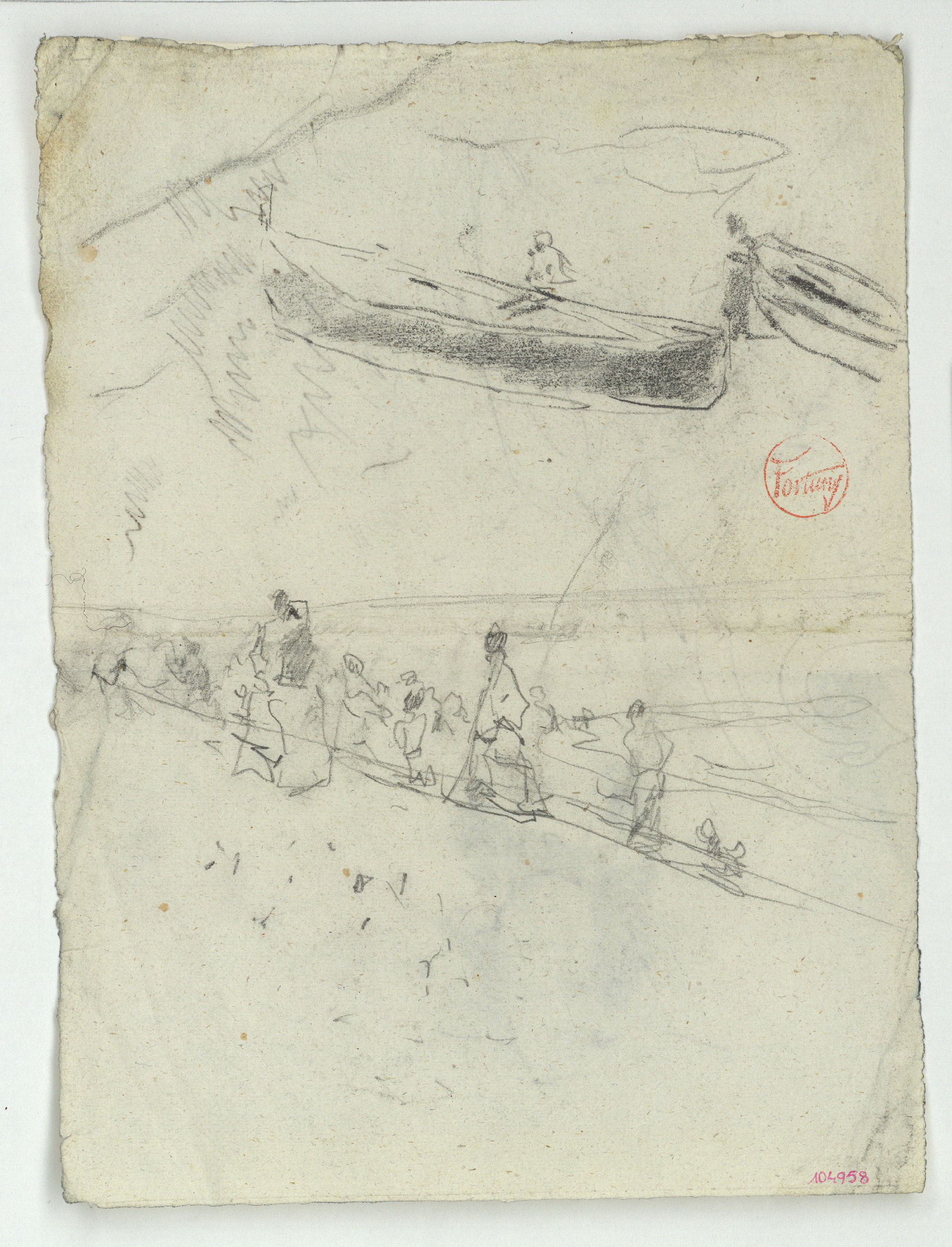 image for: Marià Fortuny - Barca i figures a la platja (anvers) / Esbós de barca i de vas (revers) - Cap a 1874