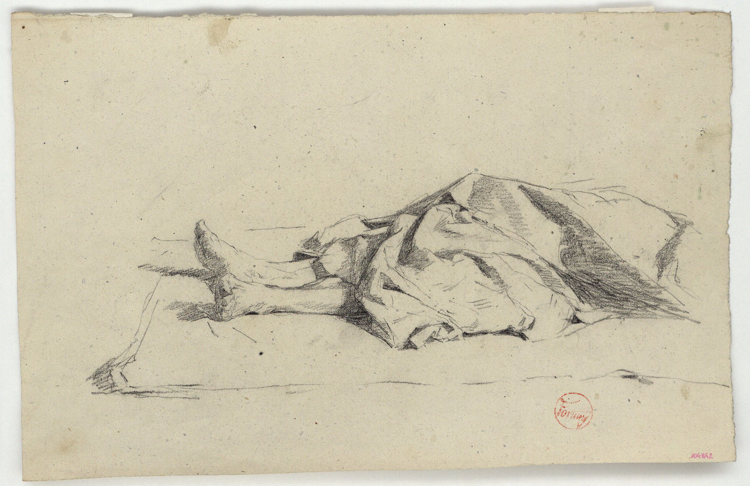 image for: Marià Fortuny - Estudi per als gravats «Cabilenc mort» i «Àrab vetllant el cadàver del seu amic» (anvers) / Croquis de figura (revers) - Cap a 1866-1867