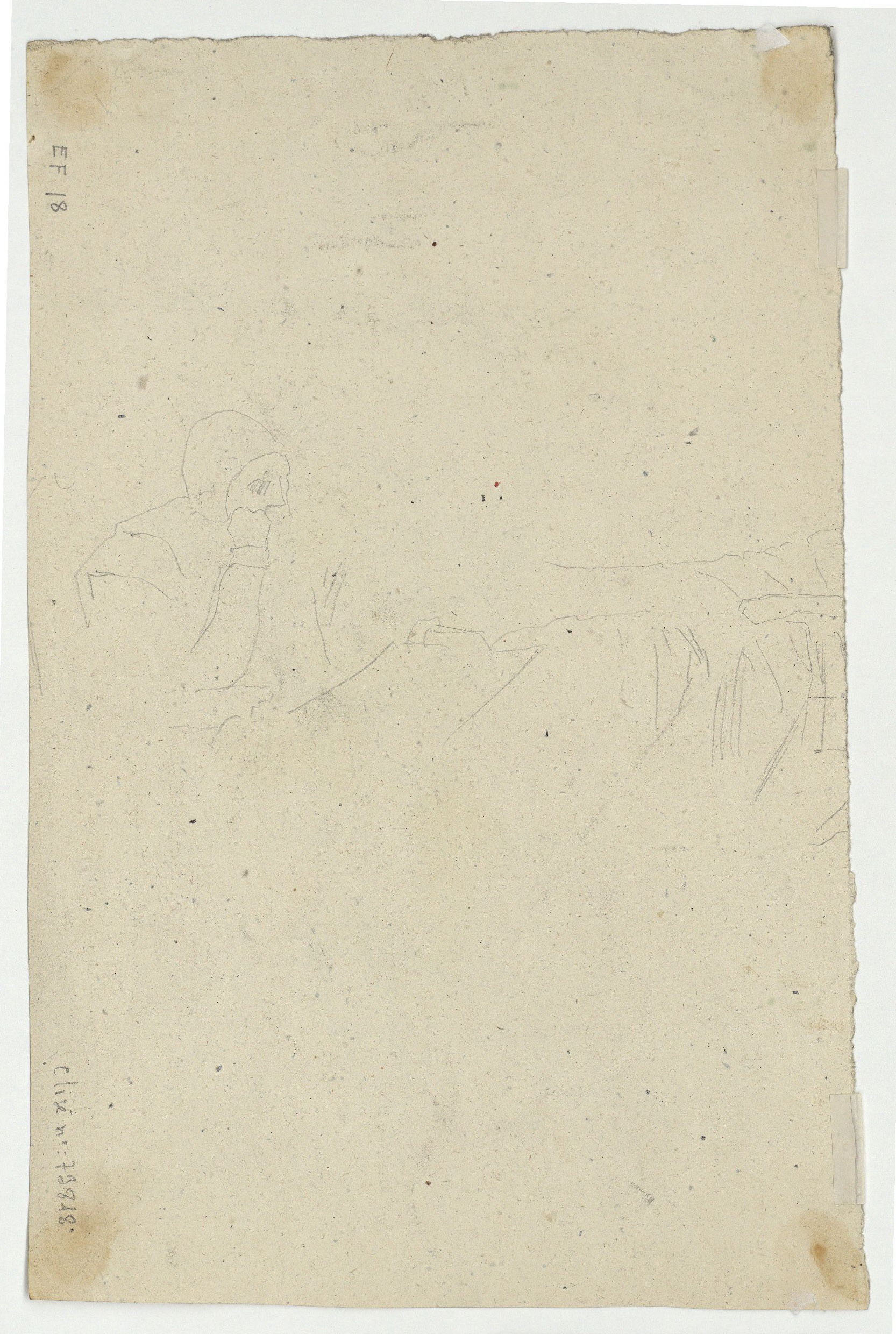 image for: Marià Fortuny - Estudi per als gravats «Cabilenc mort» i «Àrab vetllant el cadàver del seu amic» (anvers) / Croquis de figura (revers) - Cap a 1866-1867 [1]
