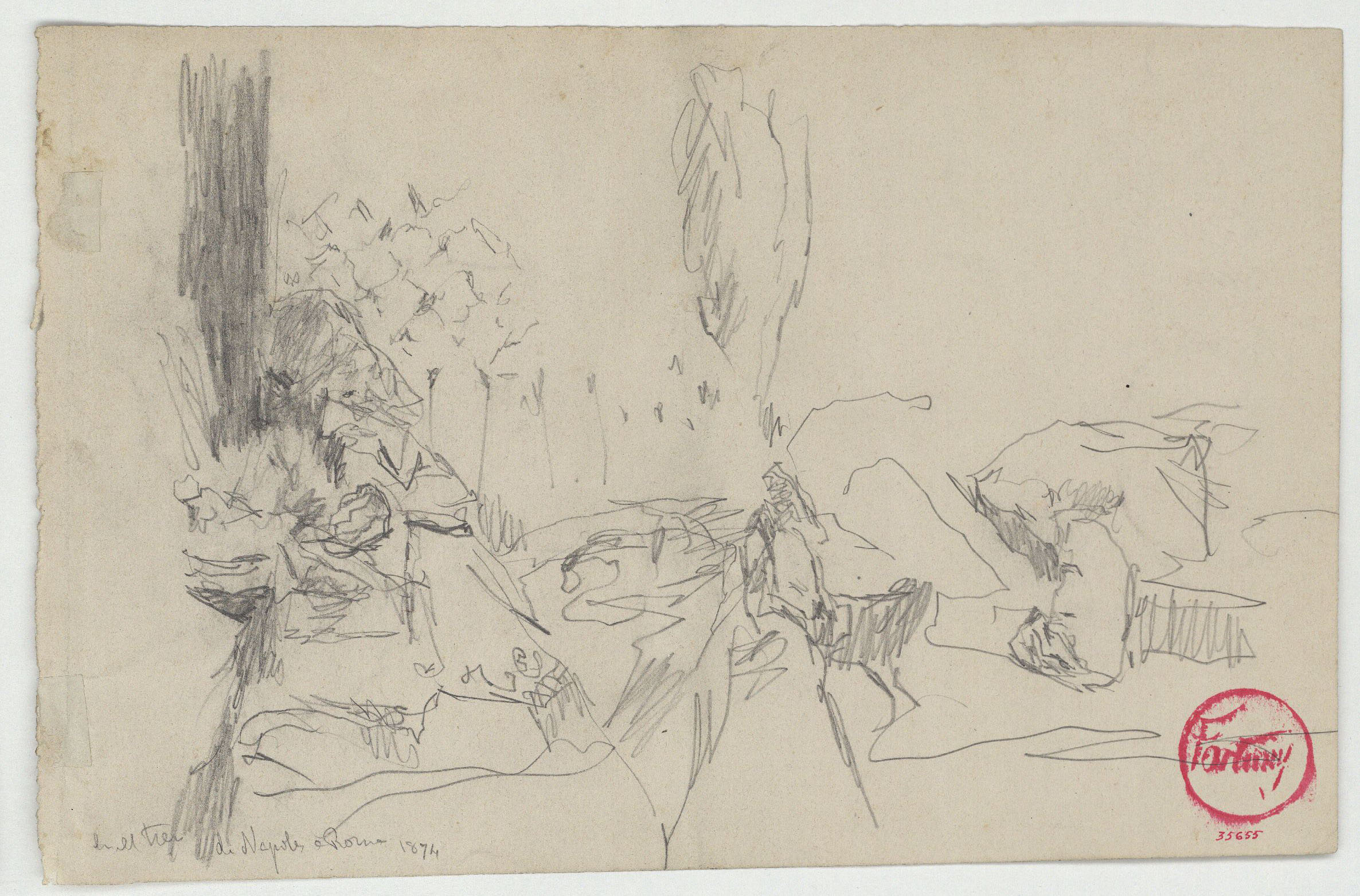 image for: Marià Fortuny - En el tren de Nápoles a Roma (anvers) / Croquis inconcret (revers) - 1874