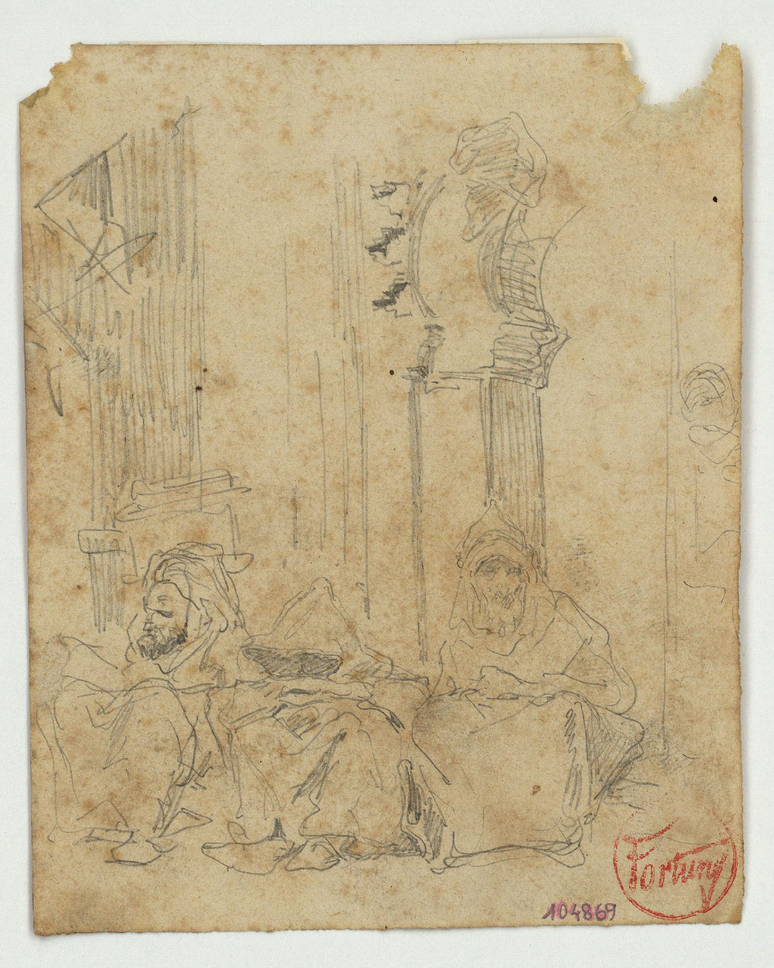 image for: Marià Fortuny - Estudi per al quadre «Kif» (anvers) / Croquis de cavall ajagut (revers) - Cap a 1868