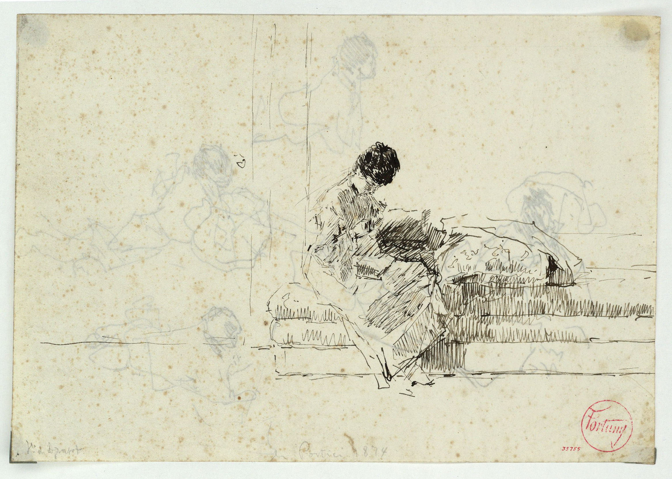 image for: Marià Fortuny - Emma Zaragoza, dona d&#039;Agrassot, asseguda en un divan (anvers) / Estudi per al quadre «Platja de Portici» (revers) - 1874