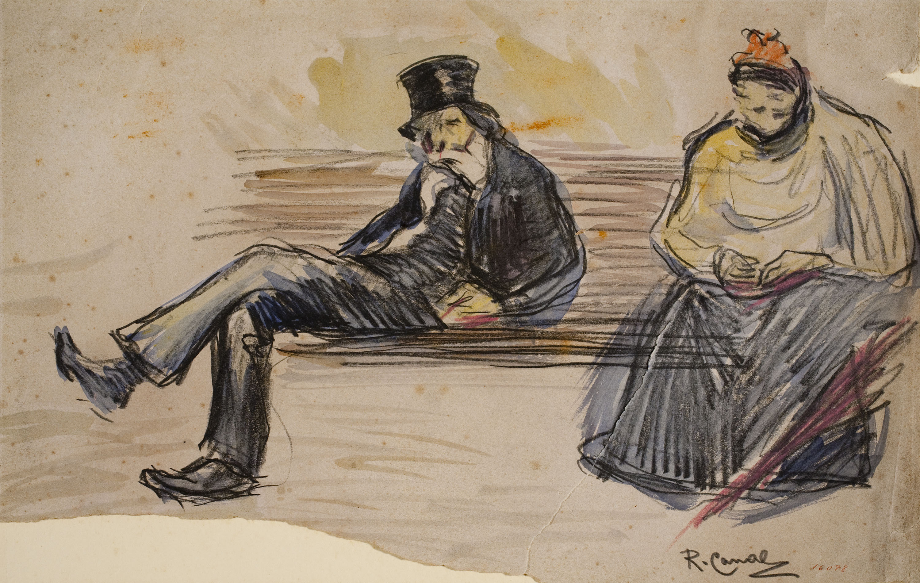 image for: Ricard Canals - Home i dona asseguts en un banc - Cap a 1896-1900