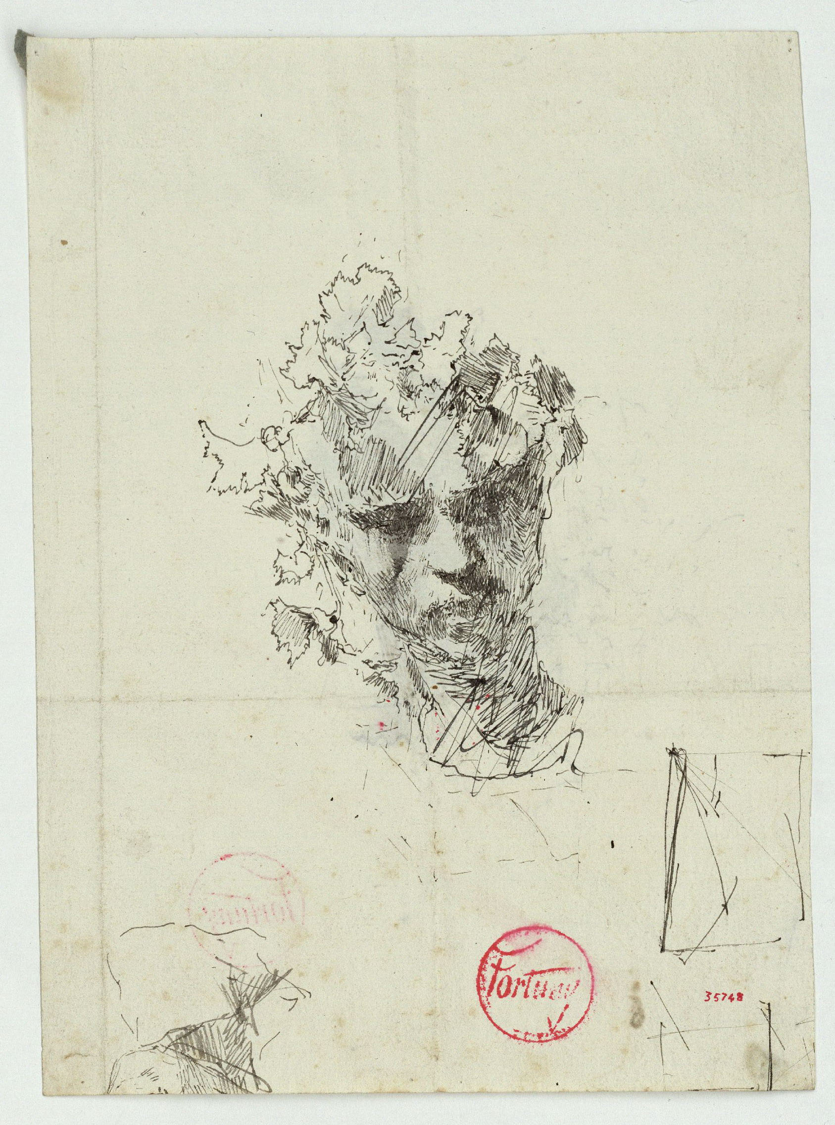 image for: Marià Fortuny - Cap masculí coronat de pàmpols (anvers) / Cap masculí coronat de pàmpols (revers) - Cap a 1870-1872