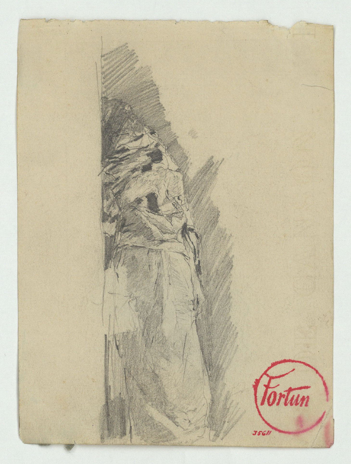 image for: Marià Fortuny - Figura recolzada en un mur (anvers) / Esbós de rostre masculí (revers) - Cap a 1860-1862