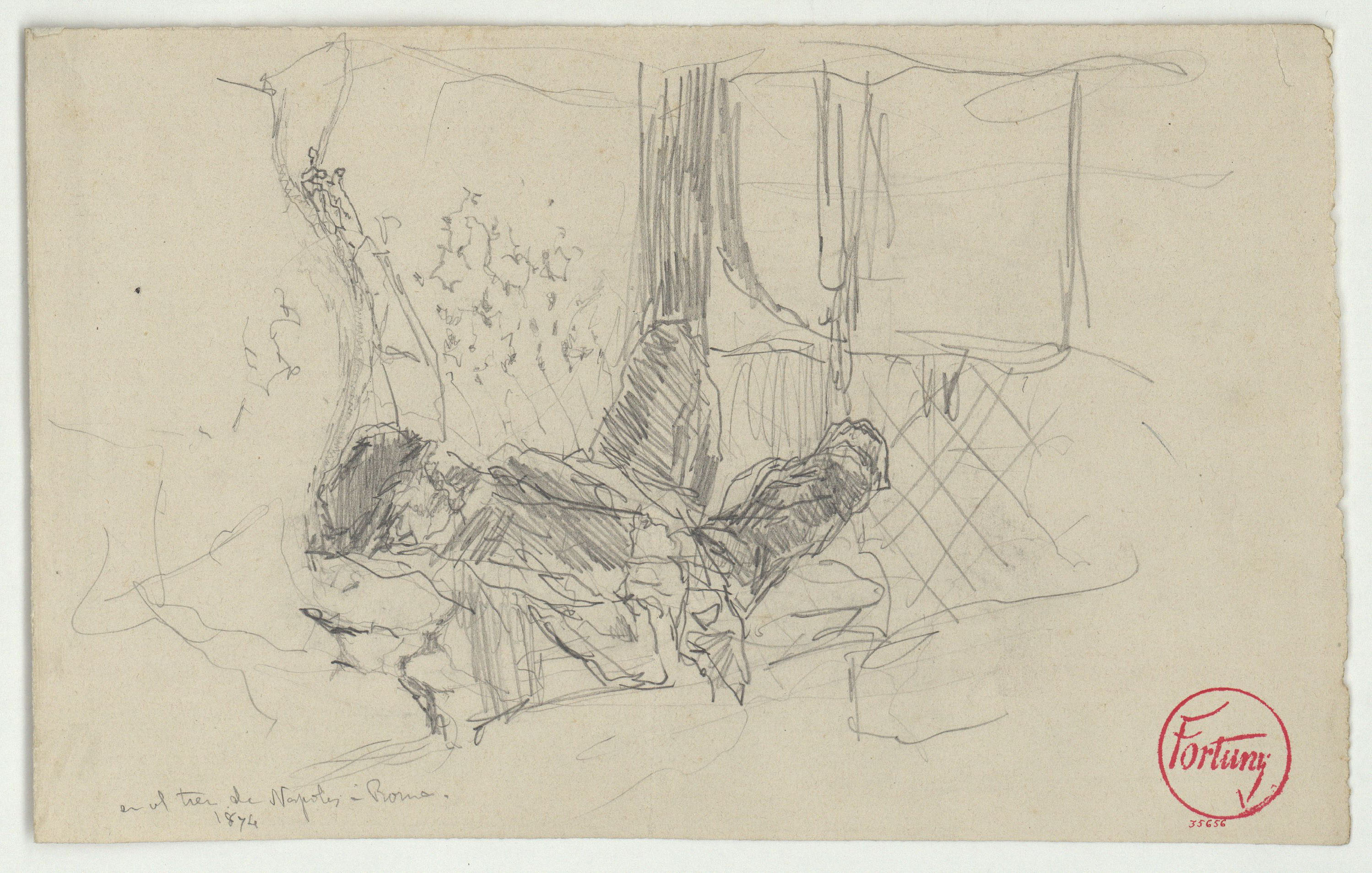 image for: Marià Fortuny - En el tren de Nápoles a Roma (anvers) / Esbós d&#039;home ajagut (revers) - 1874