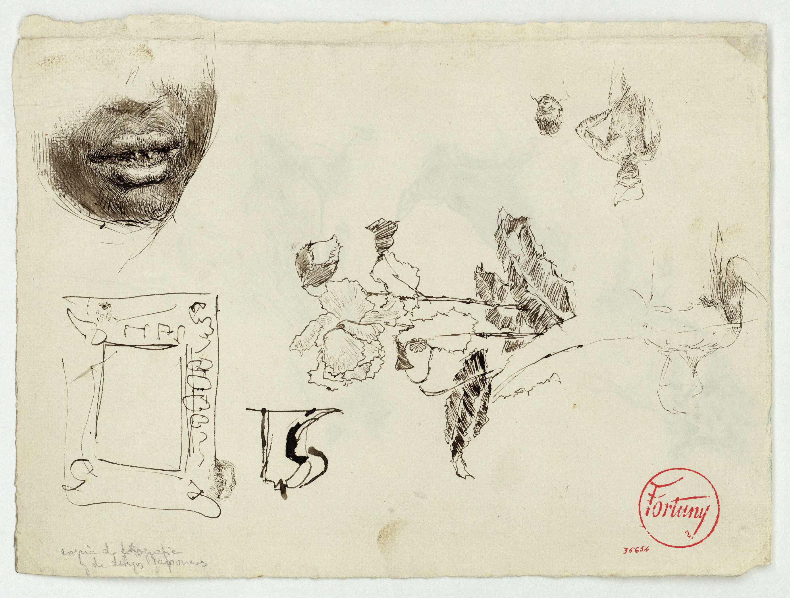 image for: Marià Fortuny - Estudi per al quadre «Els fills del pintor en un saló japonès» (anvers) / Gossos (revers) - Cap a 1874