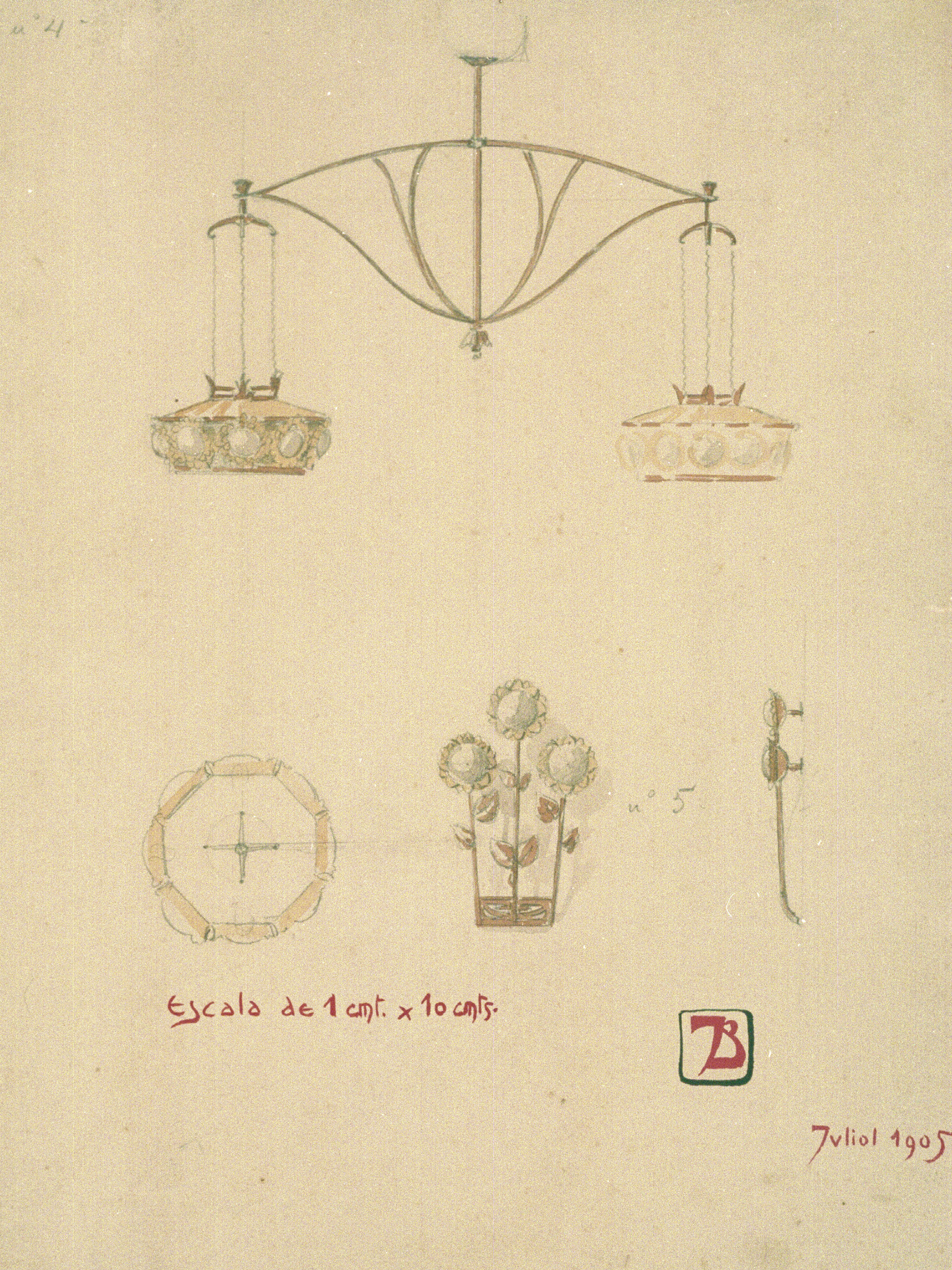 image for: Joan Busquets - Llum, vista frontal, de secció i detalls - 1905