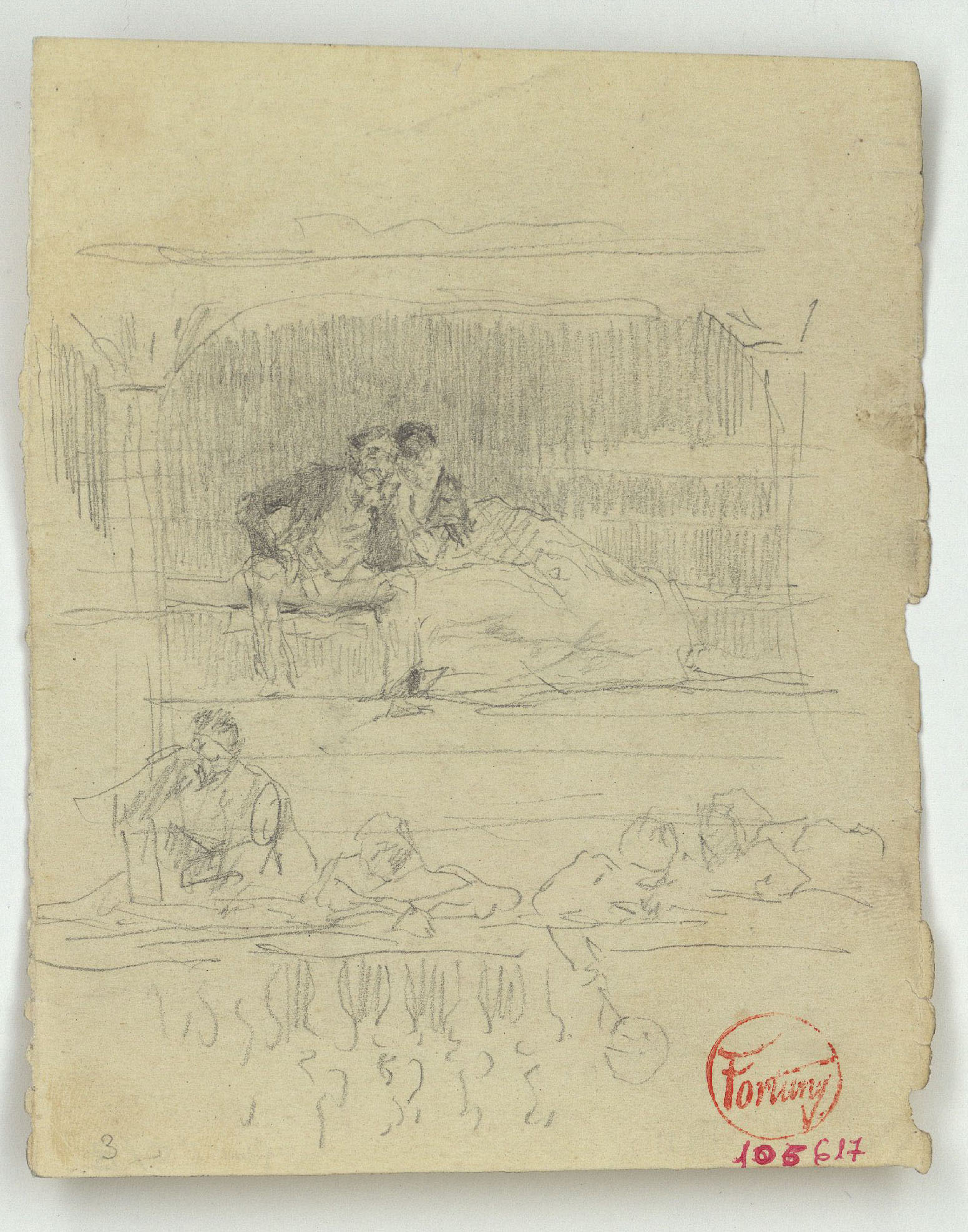 image for: Marià Fortuny - Parella asseguda i figures en una llotja (anvers) / Esbós d&#039;altar (revers) - Cap a 1863-1867