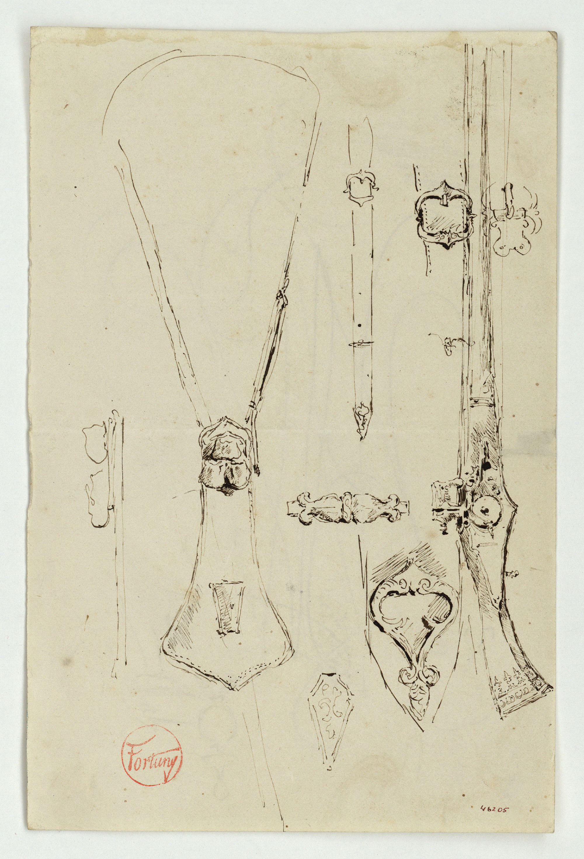 image for: Marià Fortuny - Espingarda i altres objectes (anvers) / Inicials entrellaçades i diversos objectes (revers) - Cap a 1863-1872