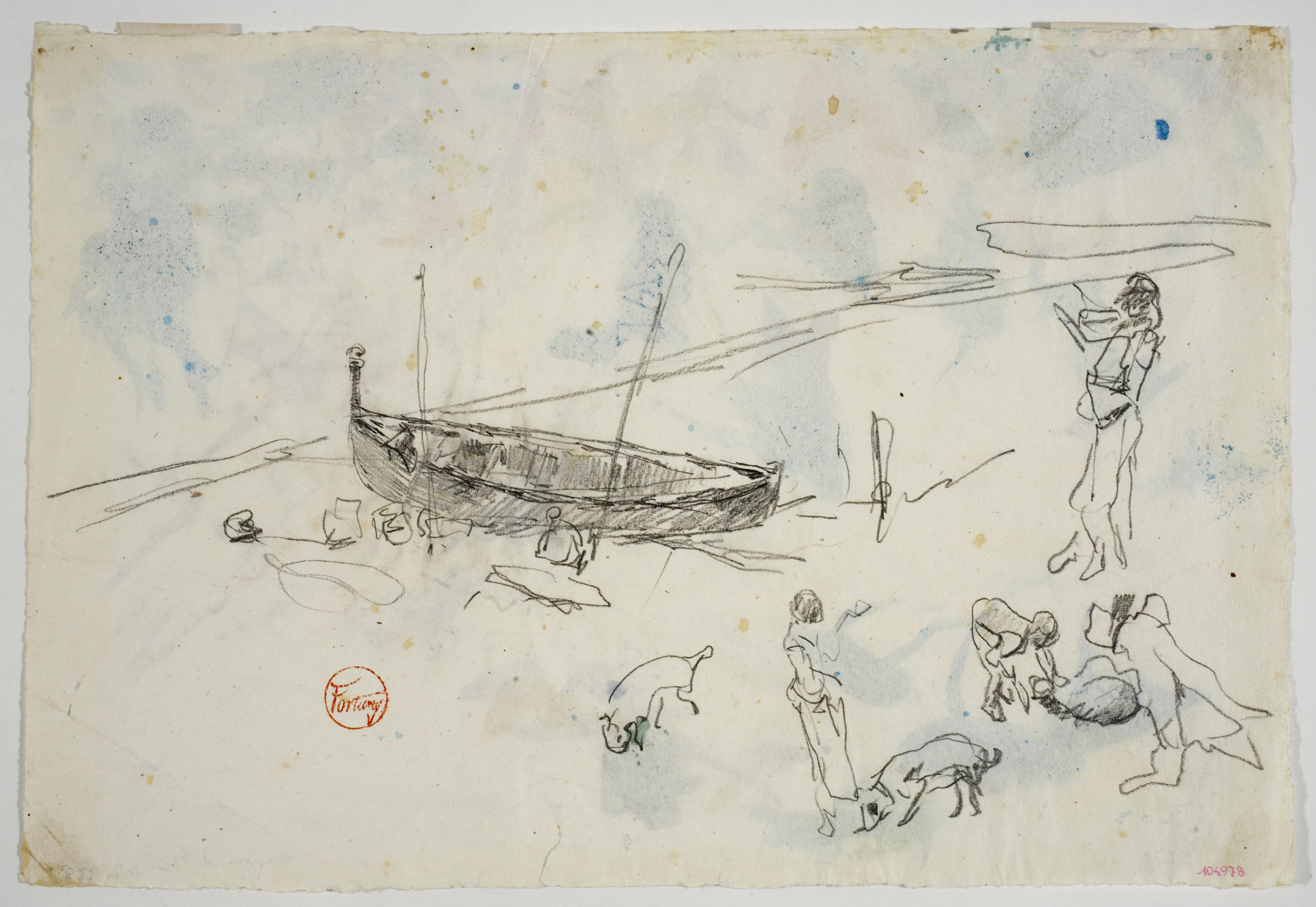 image for: Marià Fortuny - Estudi per al quadre «Platja de Portici» (anvers) / Croquis inconcret (revers) - Cap a 1874