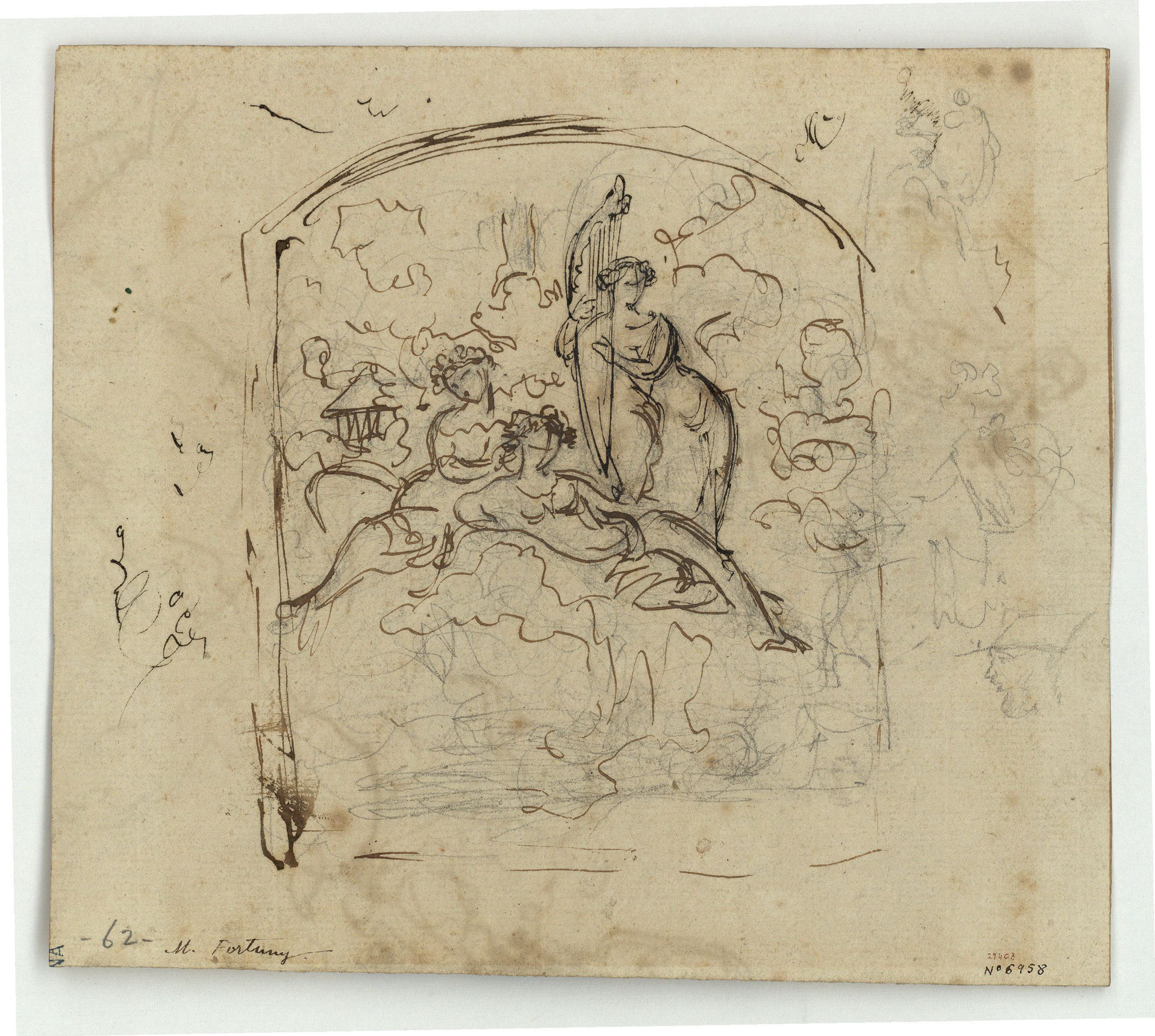 image for: Marià Fortuny - Estudi de composició (anvers) / Croquis de figures (revers) - Cap a 1856-1858