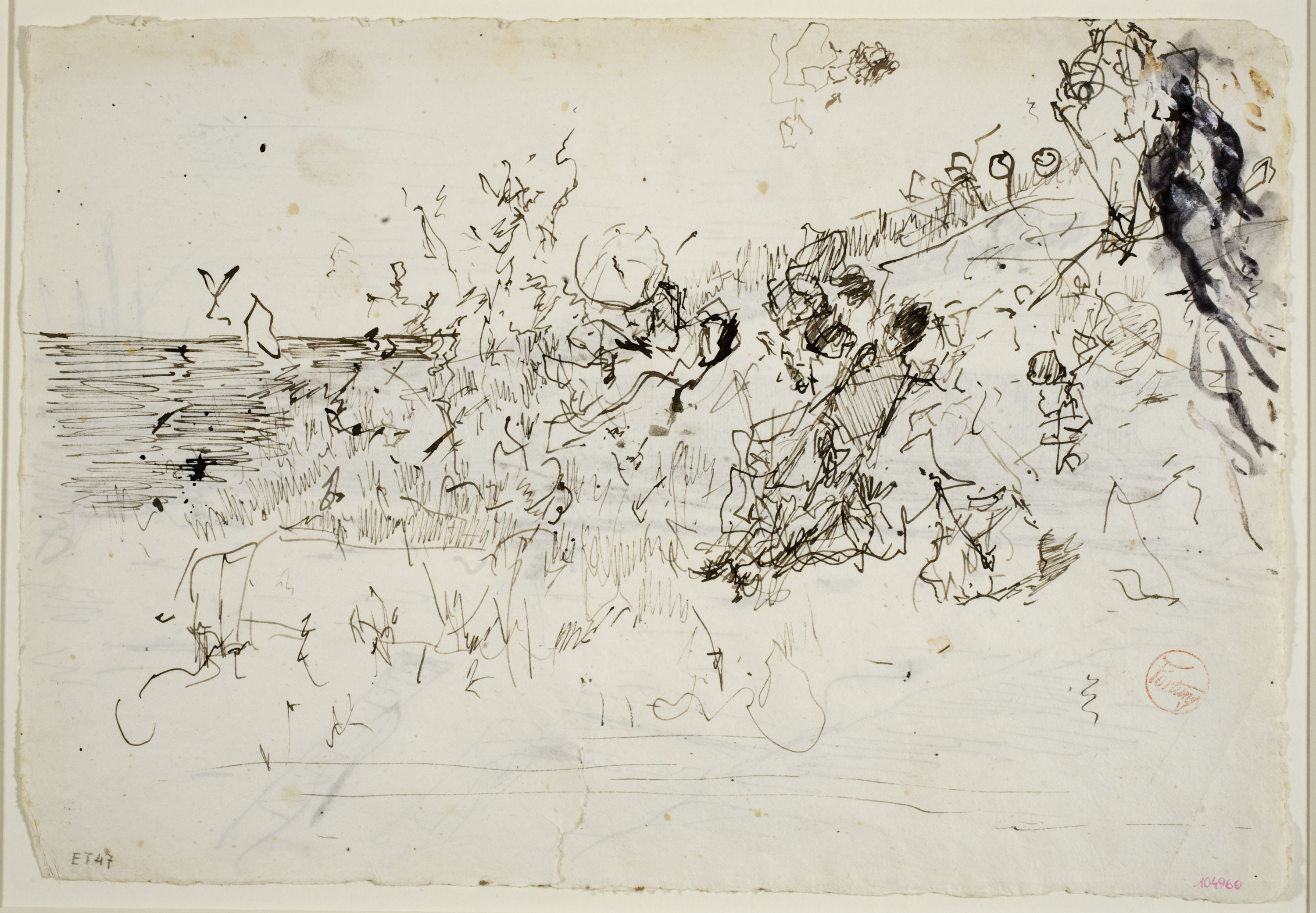 image for: Marià Fortuny - Estudi per al quadre «Platja de Portici» (anvers) / Esbós de figures treballant al moll (revers) - Cap a 1874