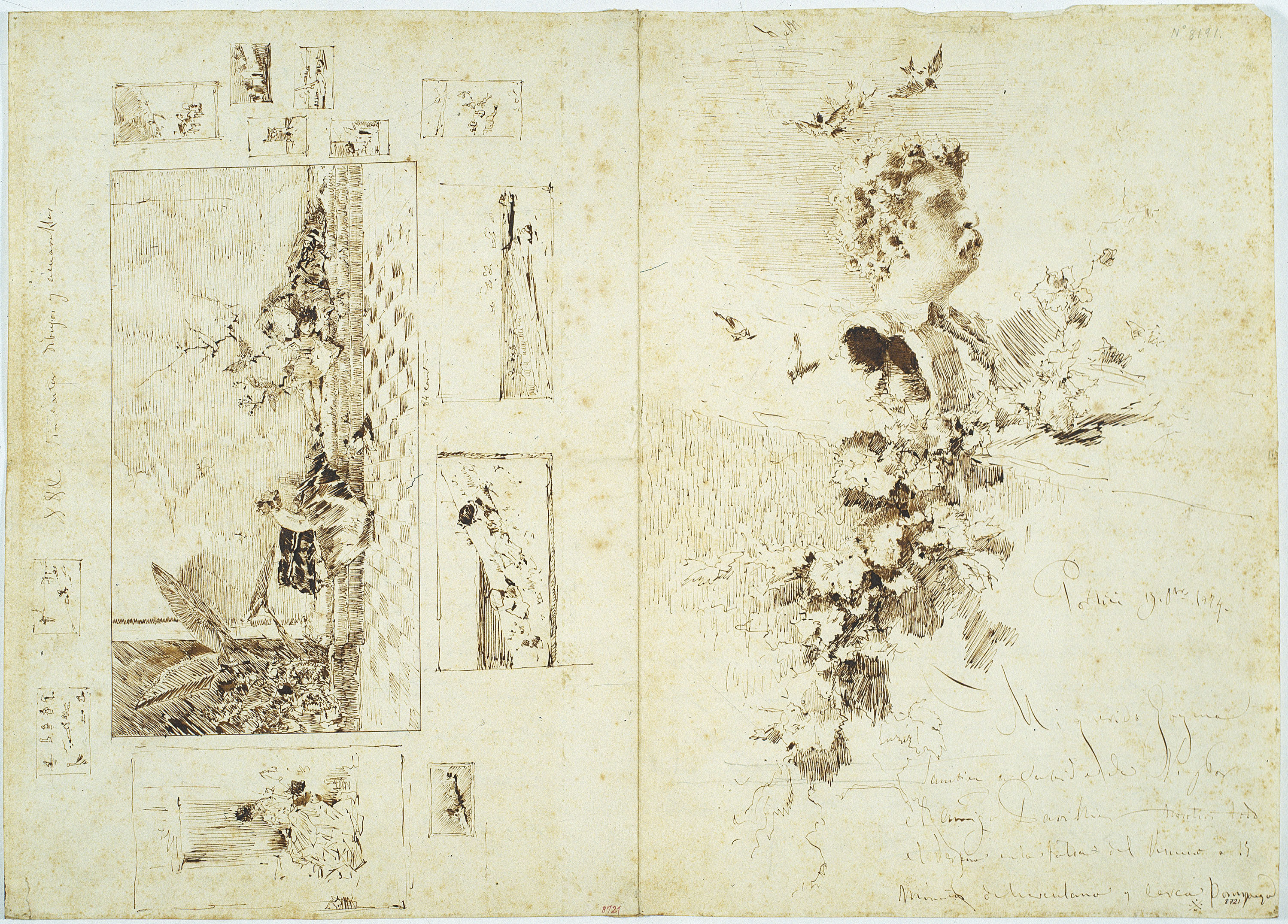 image for: Marià Fortuny - Estudi per al quadre «Els fills del pintor en un saló japonès» i altres dibuixos - Cap a 1874