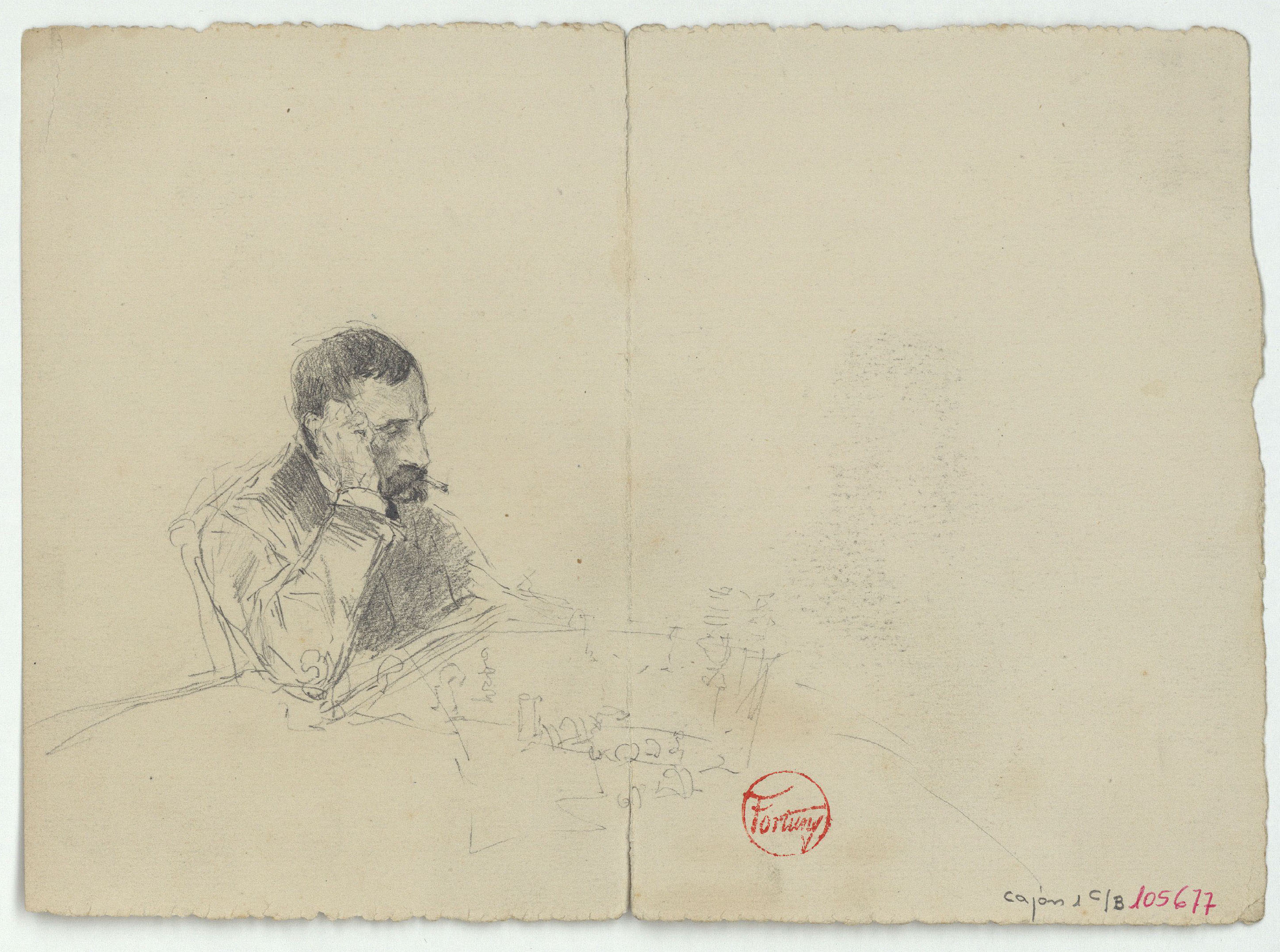 image for: Marià Fortuny - Home jugant a escacs (anvers) / Croquis de figures i motiu arquitectònic (revers) - Cap a 1867-1872