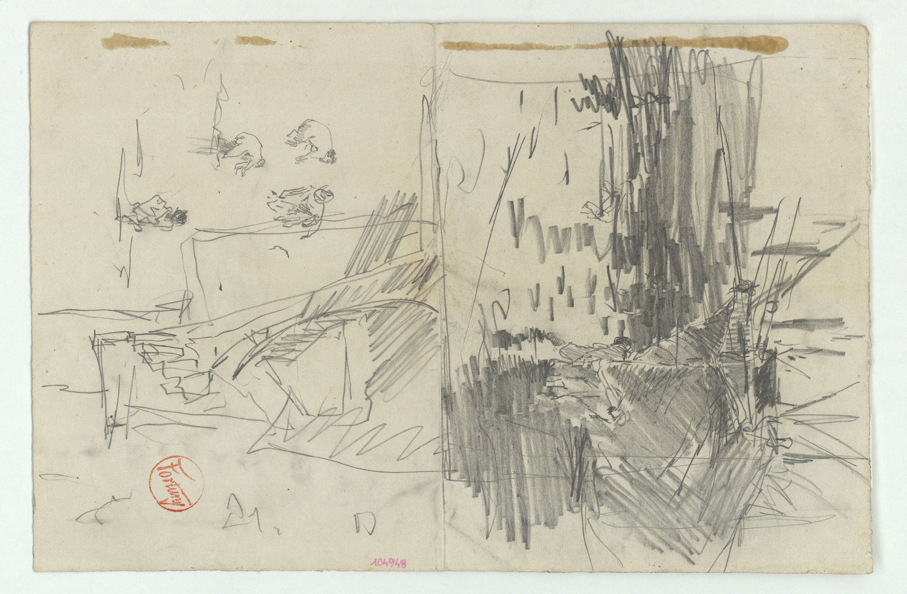 image for: Marià Fortuny - Barcassa amb figures i croquis inconcret (anvers) / Esbós de figures i croquis de fulles (revers) - Cap a 1874